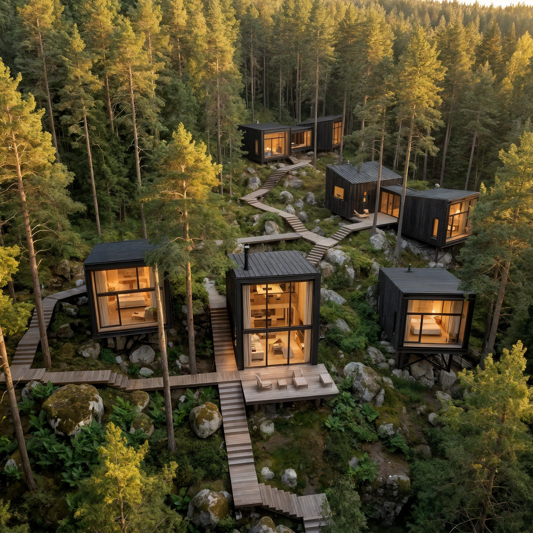 Aerial view of modern black wooden houses with large glass windows among tall trees in a forest during sunset.