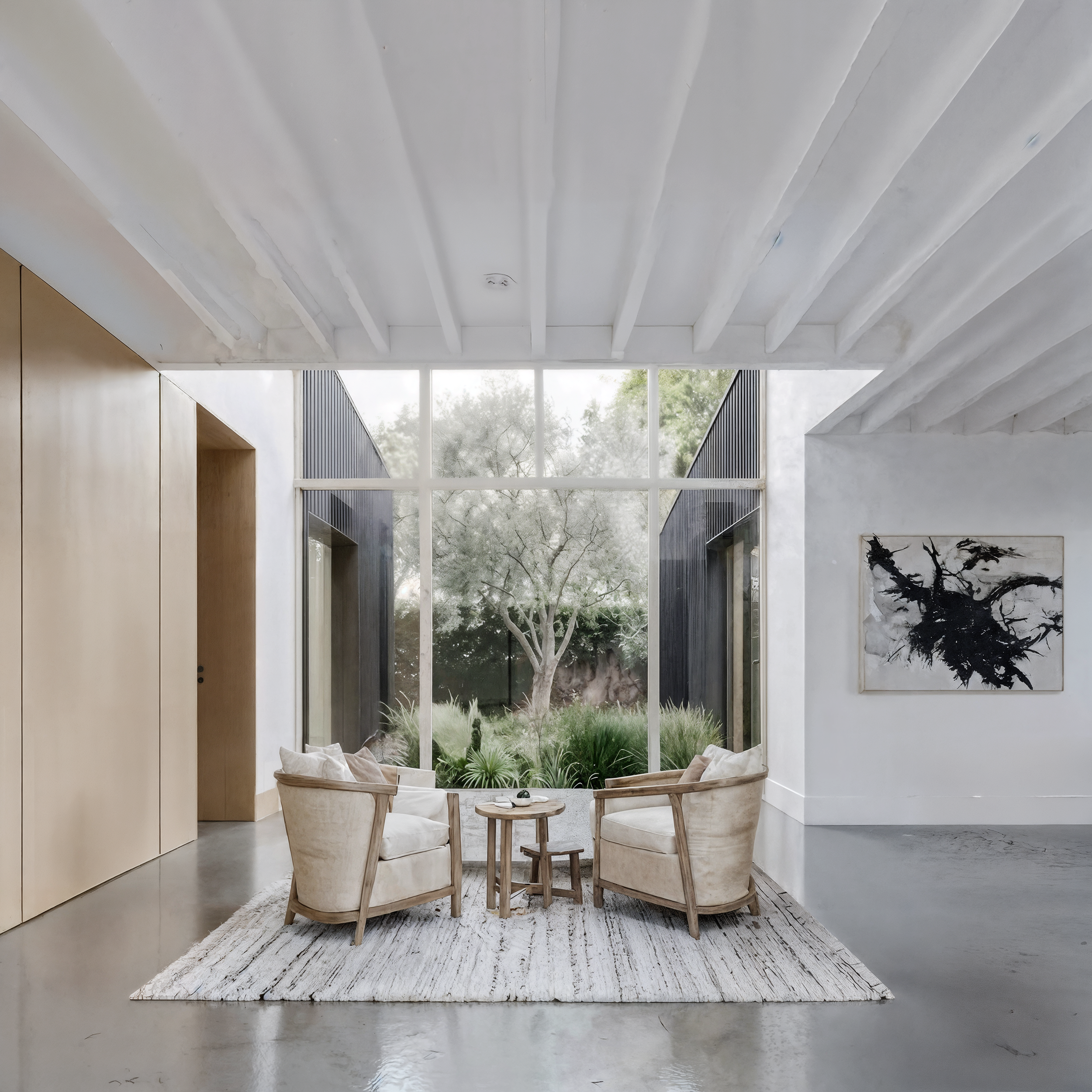 Modern living room with large floor-to-ceiling windows, white walls, beige armchairs, a round wooden table, a white area rug, and wall art featuring black ink brush strokes, with a view of trees outside.