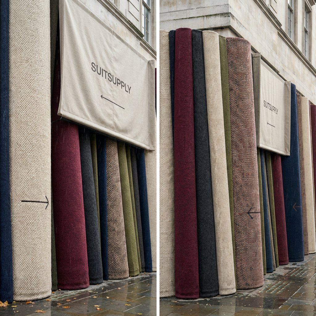 Display of rolled-up carpets or rugs in various colors and textures outside a building, with signs indicating 'SUITSUPPLY' and arrows pointing left and right.