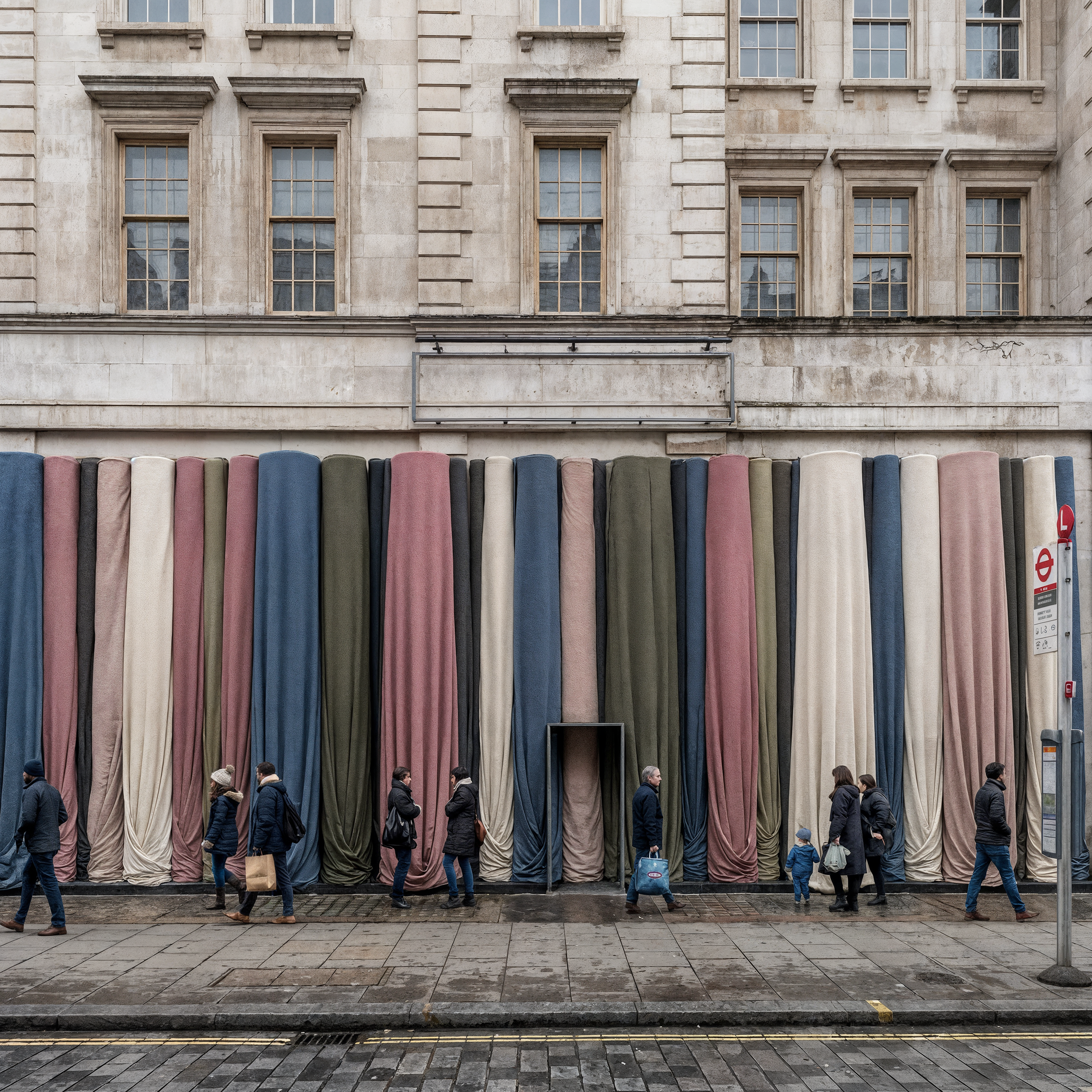 Crowd of people walking past a building with large, multi-paned windows and beige stone exterior, with colorful fabric curtains hanging from a line in the foreground.