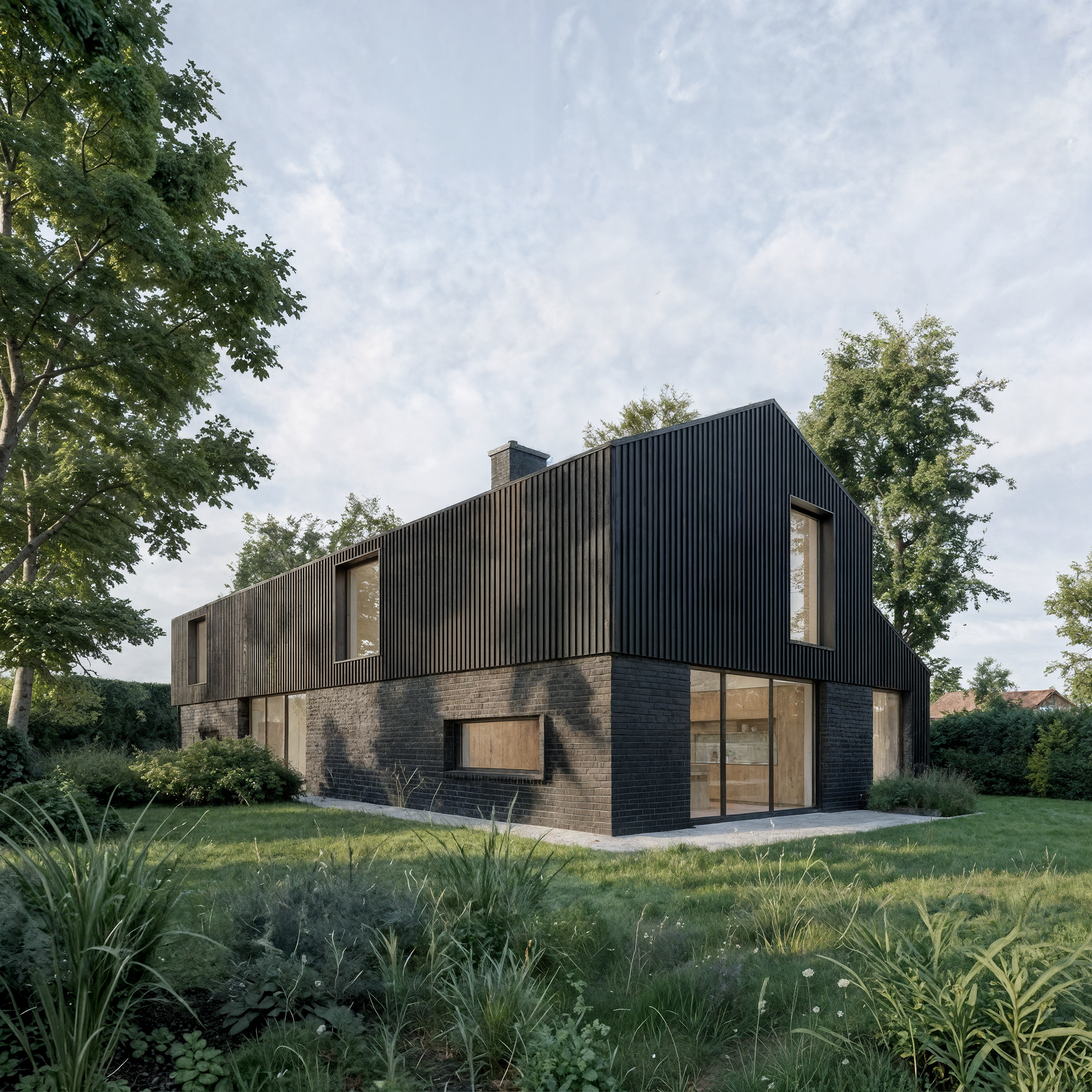 Modern black house with large windows, surrounded by trees and greenery, under a cloudy sky.