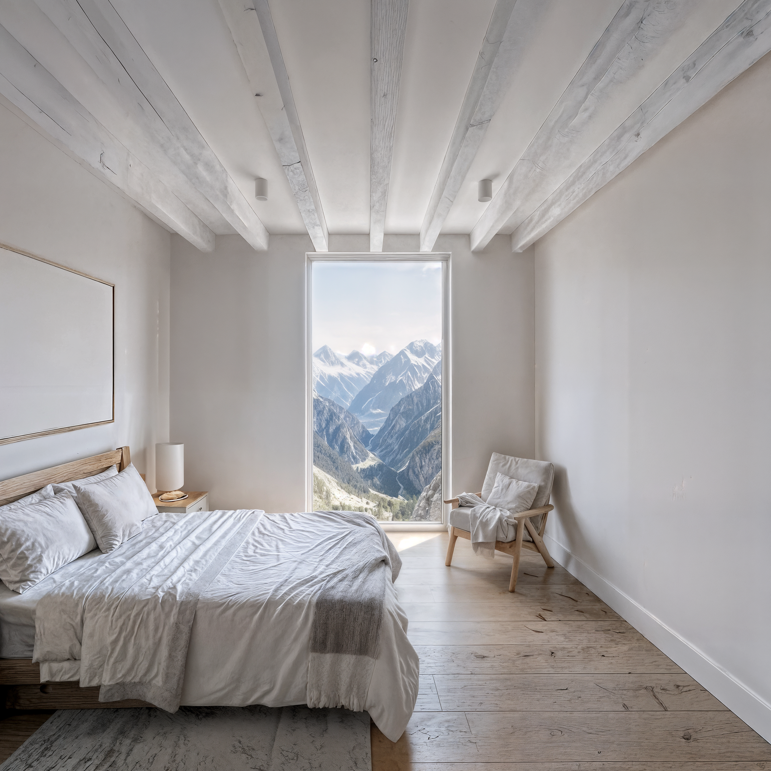 A bedroom with a wooden bed, white linens, a nightstand with a lamp, a white armchair, and a large window showing snow-capped mountains outside.
