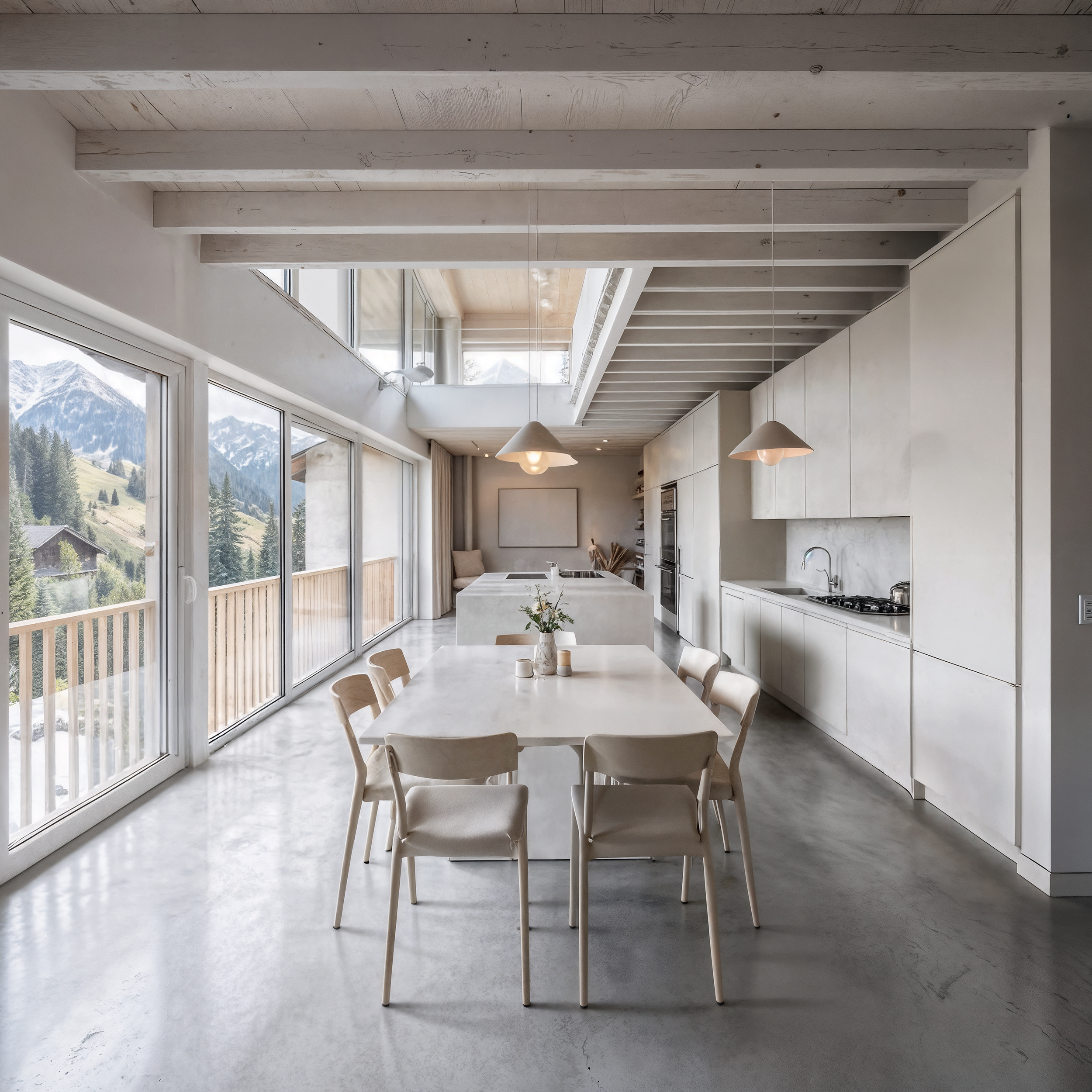 Modern kitchen with white cabinets, marble countertops, hanging pendant lights, large windows with mountain view, wooden dining table, and beige chairs.