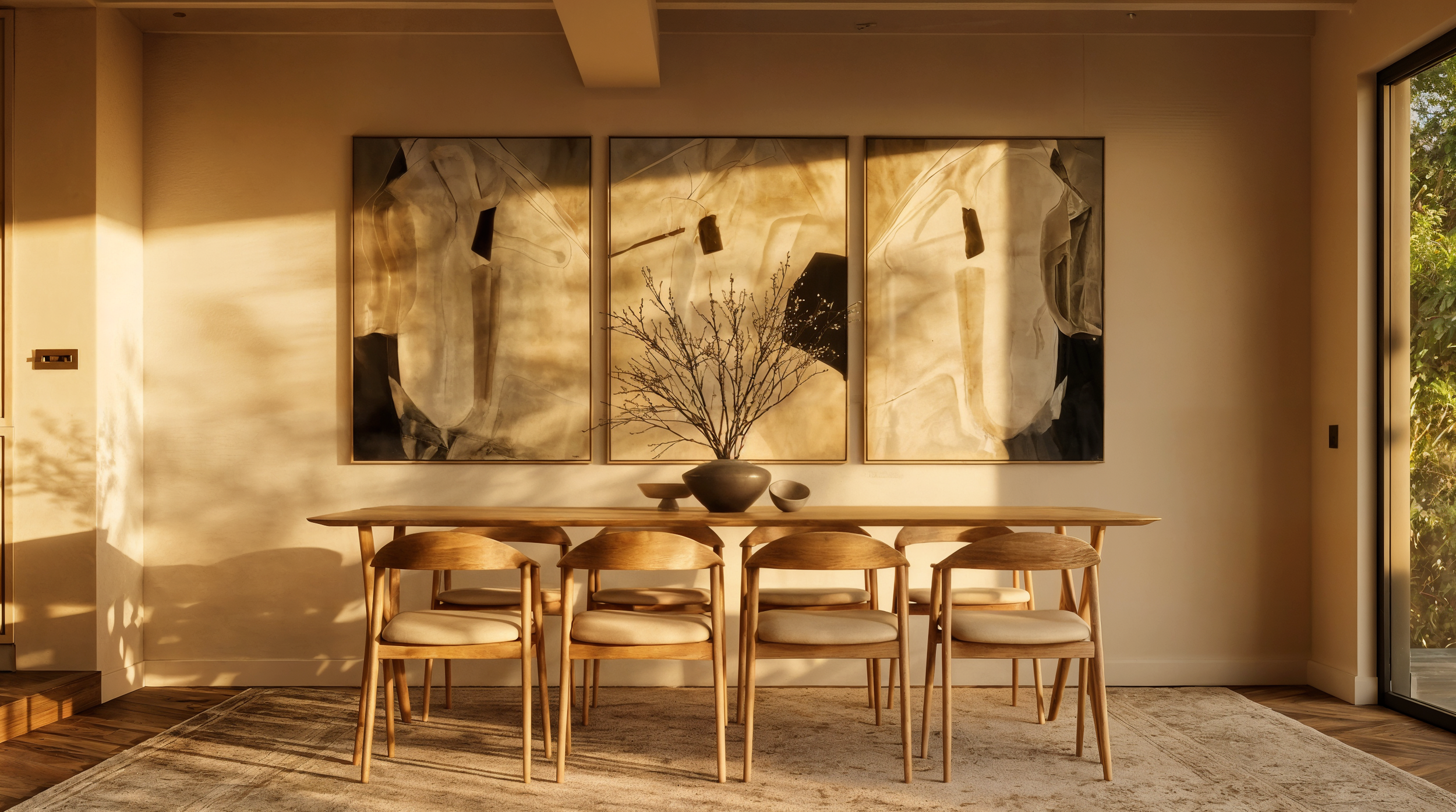 A modern dining room with a light wood table and matching chairs. A three-panel abstract artwork hangs on the wall behind the table. A potted plant with bare branches is centered on the table, and sunlight streams through a large window on the right, casting shadows on the wall.