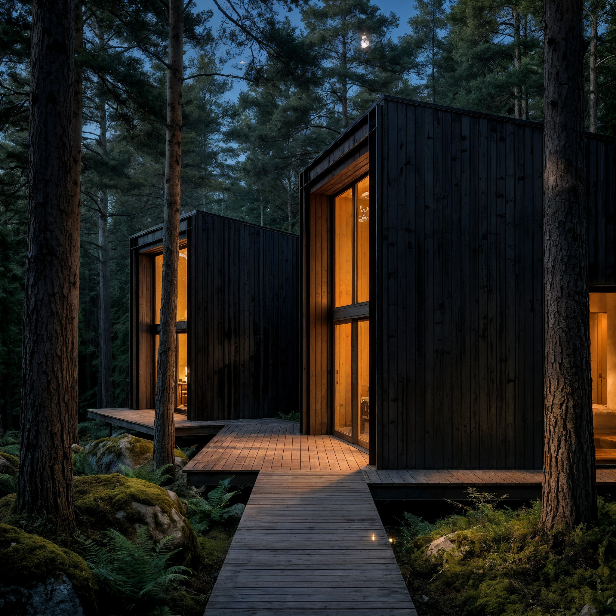 Modern black wooden cabin with large glass windows, built into a forested area, illuminated from inside at dusk with tall trees surrounding it.
