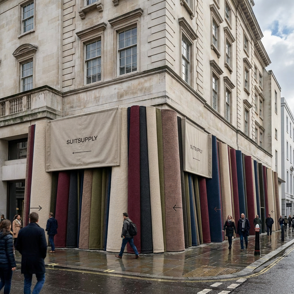 A large building with a curved corner, covered with an art installation resembling oversized fabric rolls in various colors, with signs pointing left and labeled 'SUITSUPPLY.'