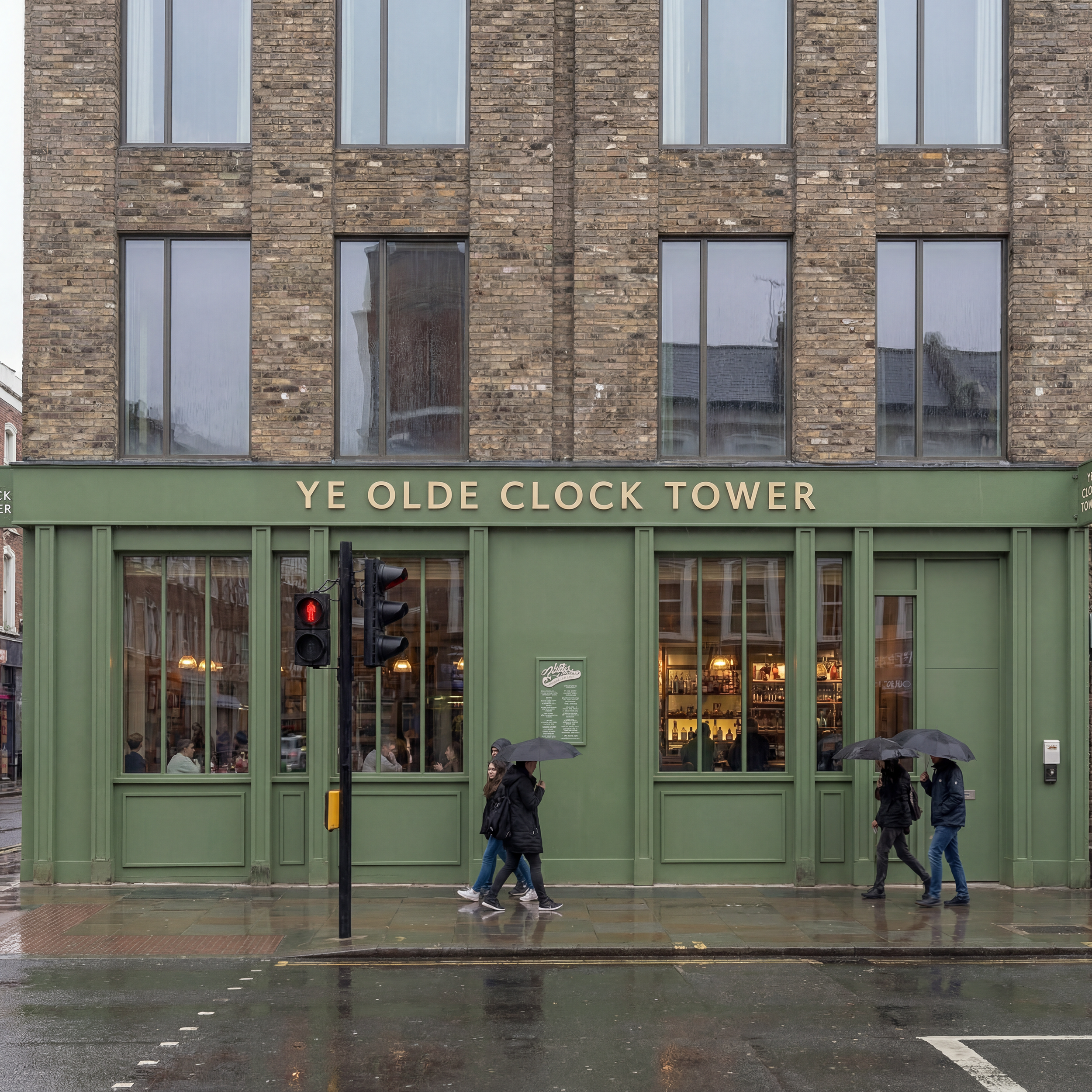 People walking past Ye Olde Clock Tower storefront on a rainy day