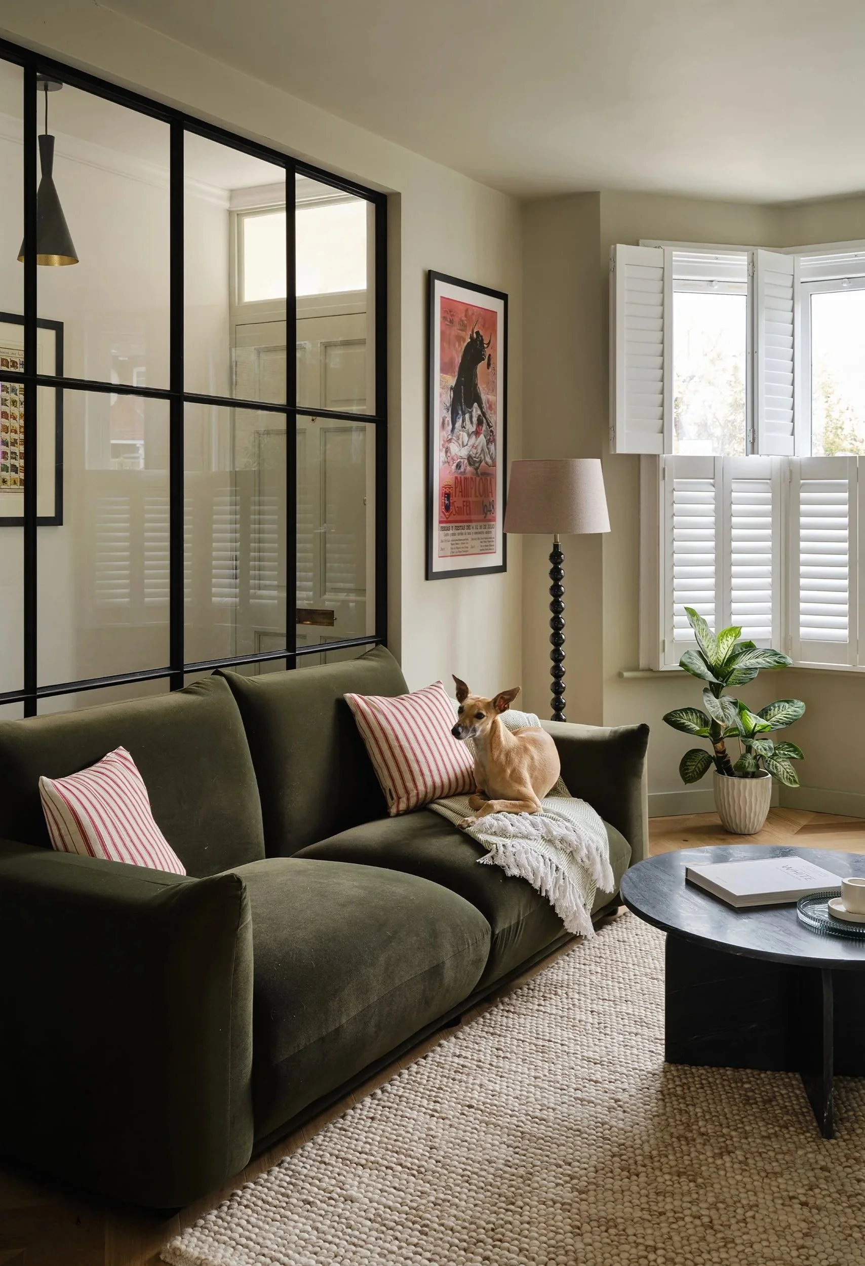 Living room with green couch, pink striped pillows, a small dog on the couch, a black round coffee table with a white book, a tall floor lamp, a window with white shutters, a potted plant, and wall art, all illuminated by natural light.