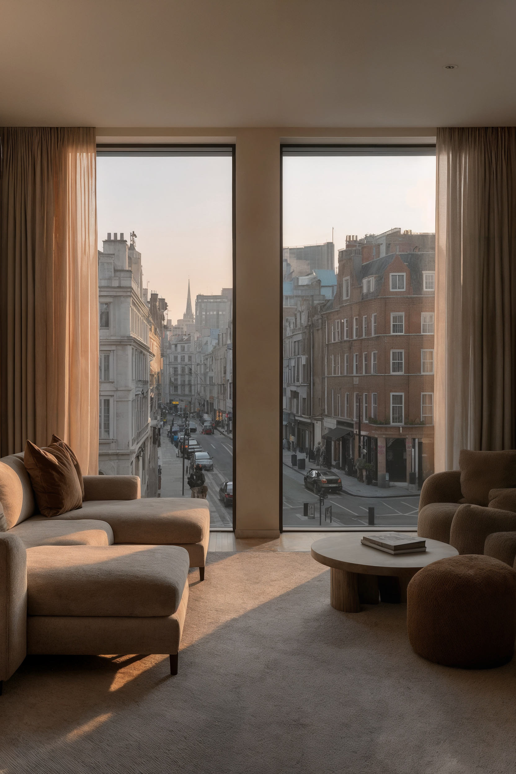 The image shows a modern living room with large windows overlooking a city street. The room is decorated with beige sofas, a round coffee table with a book, and floor-length curtains. The view includes tall buildings and a church steeple in the distance.