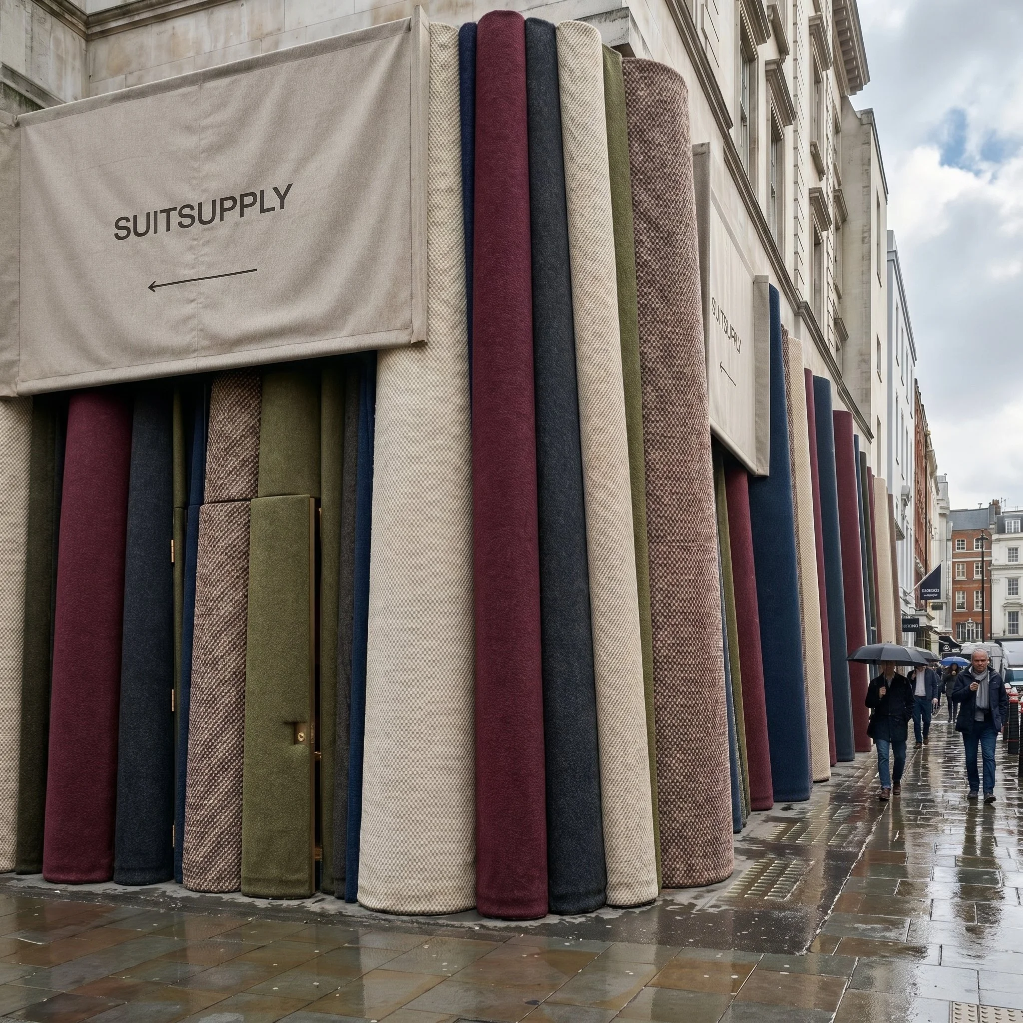 Multiple rolls of fabric with various colors and patterns are displayed vertically on a display outside a building. The fabric rolls are grouped together, with some people walking on a rainy street in the background.