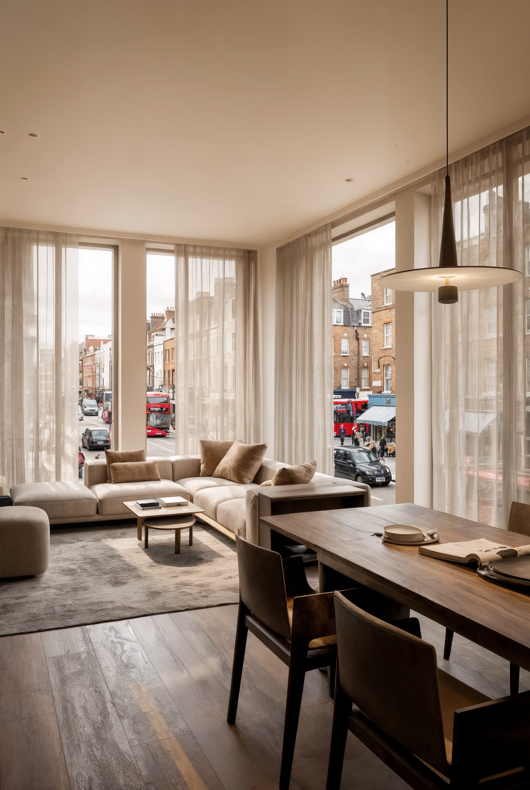 Living room with large windows, beige sectional sofa, wooden dining table with chairs, pendant light, and city street view through sheer curtains.