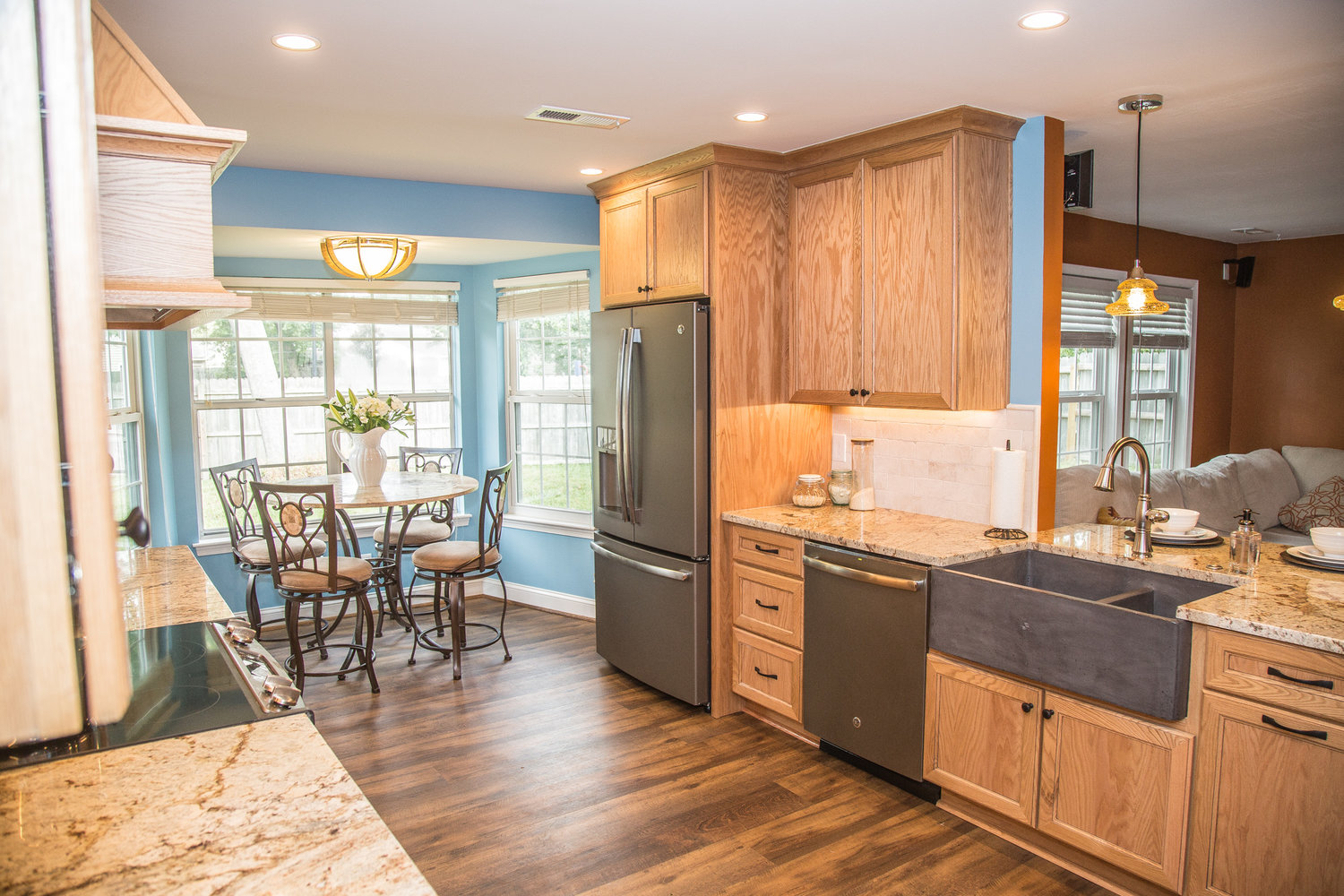Blue Kitchen with Wood Cabinets