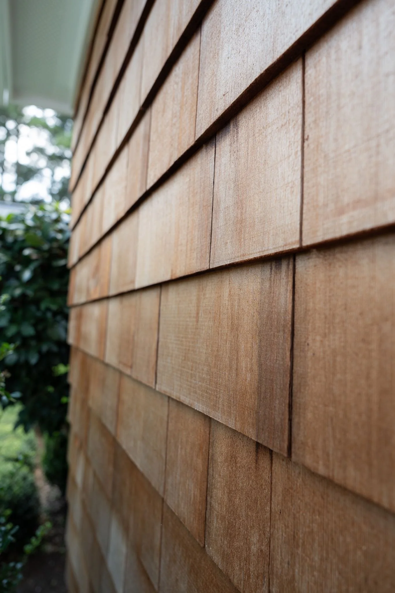 Angled view of western red cedar siding on ranch style home