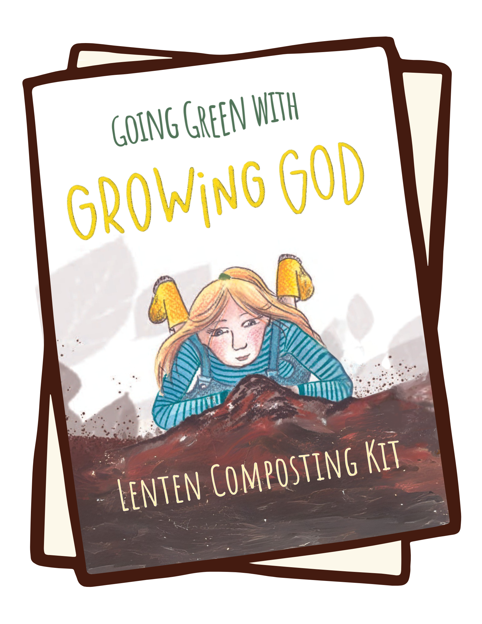 Cover page of Going Green with Growing God Composting Kit with illustration of Emma lying in the dirt waiting for seed to sprout.