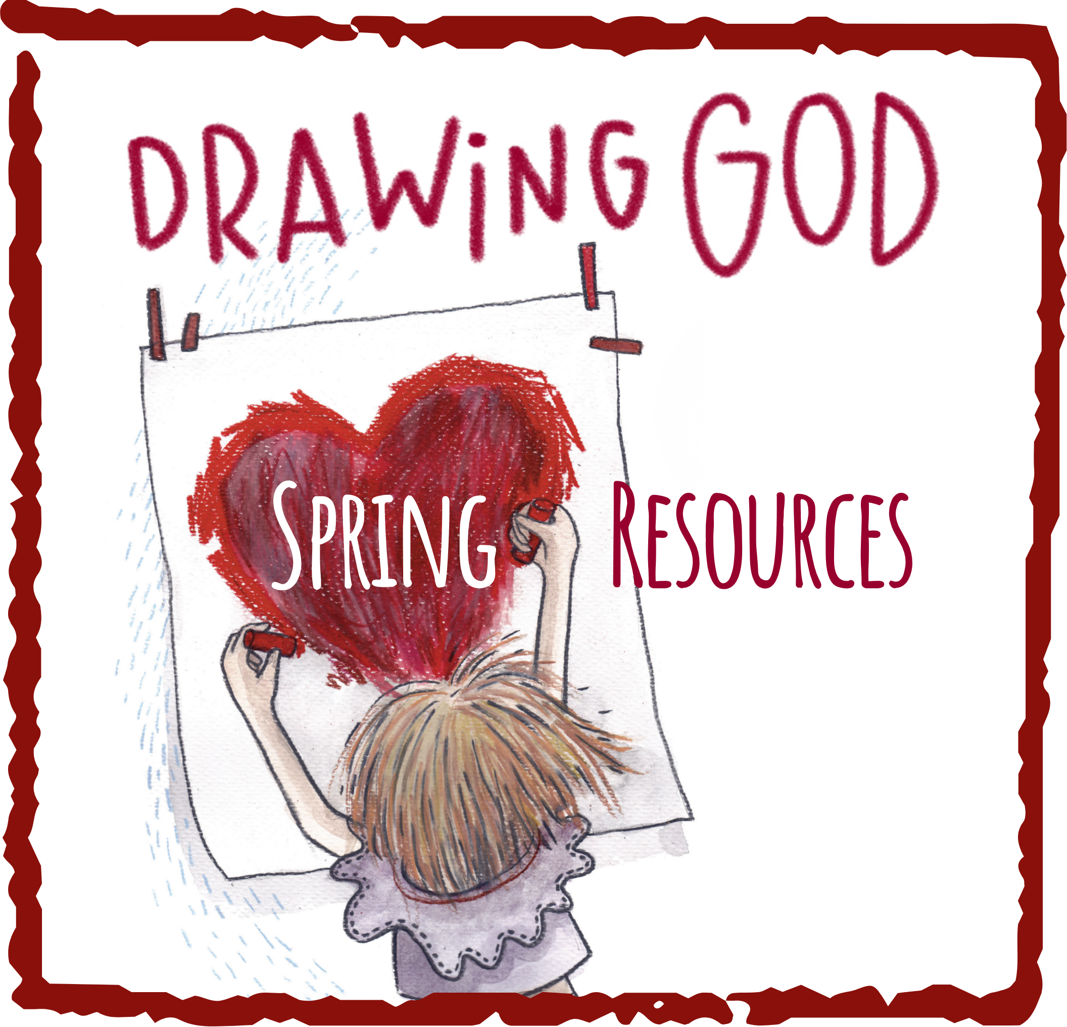 Red hand drawn square framing illustration of Emma from Drawing God drawing a red heart in crayon on a big white paper.
