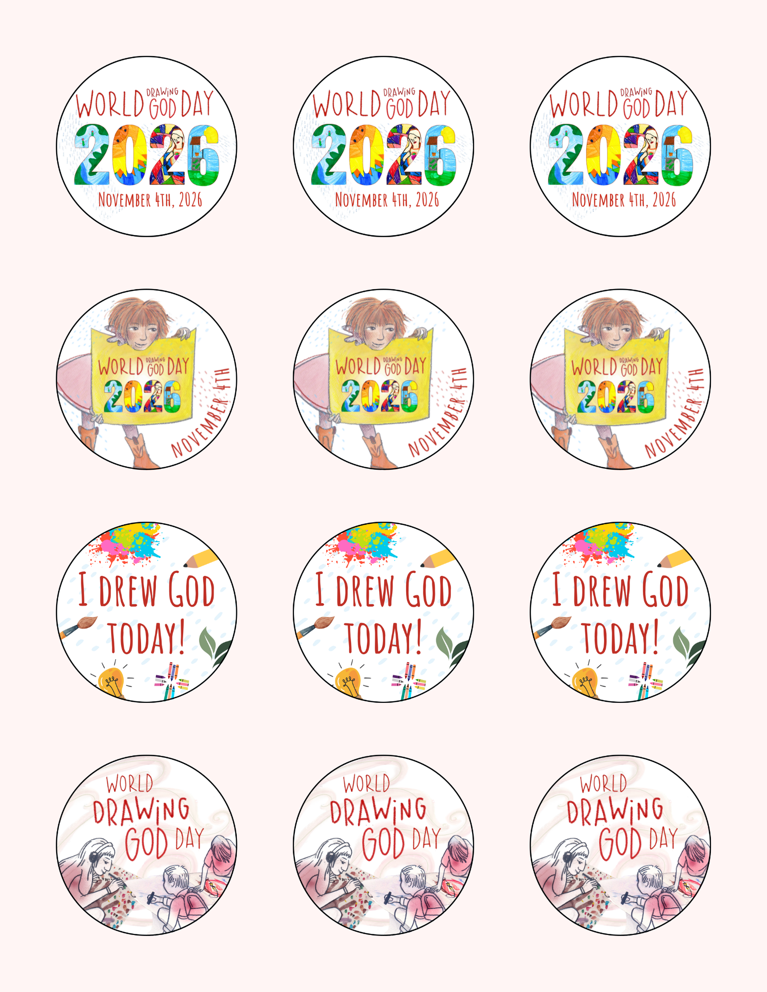 Sheet of 12 colorful World Drawing God Day round stickers on a light pink background.