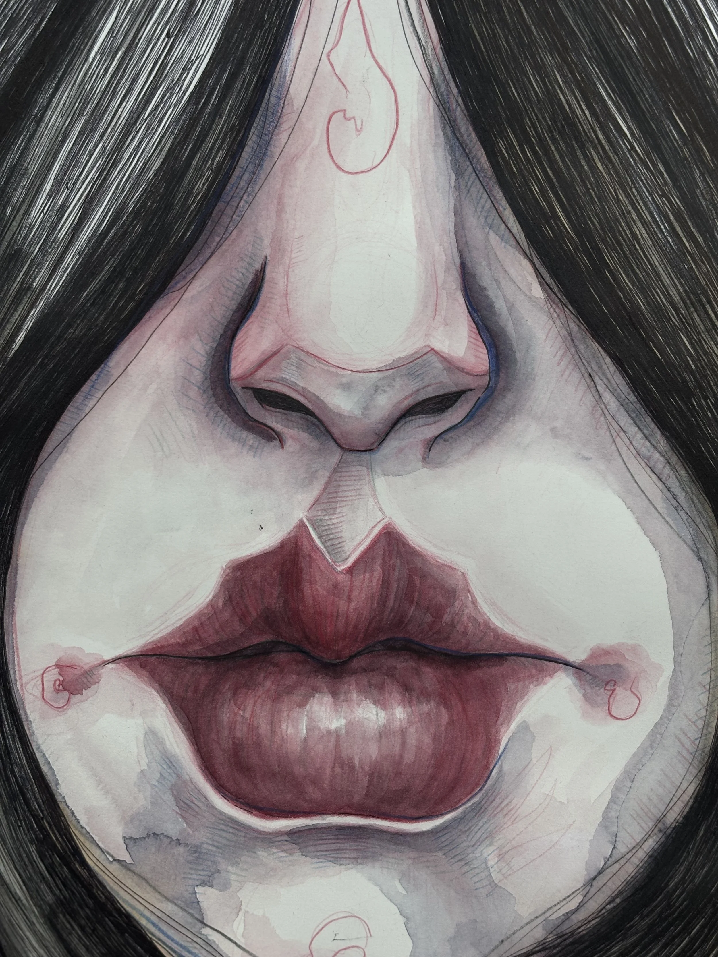 Conceal, 2026
Watercolor, colored pencil, ballpoint pen on arches hot press watercolor paper
12x9 inches
