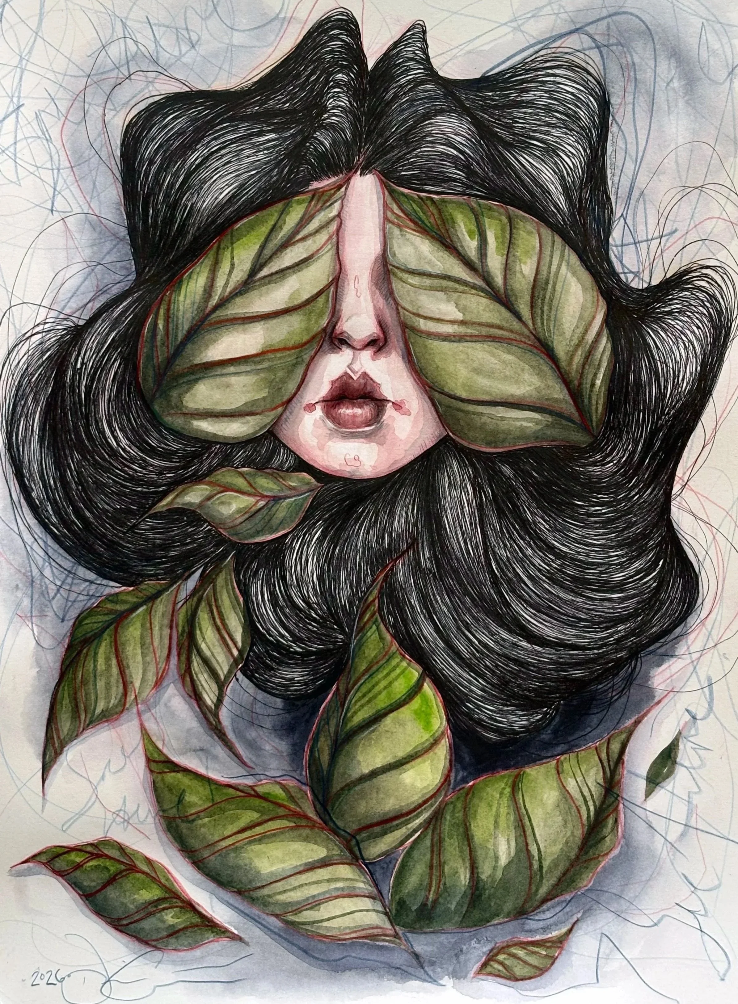 Mixed Media Illustration of a Feminine Face with Leaves over eyes