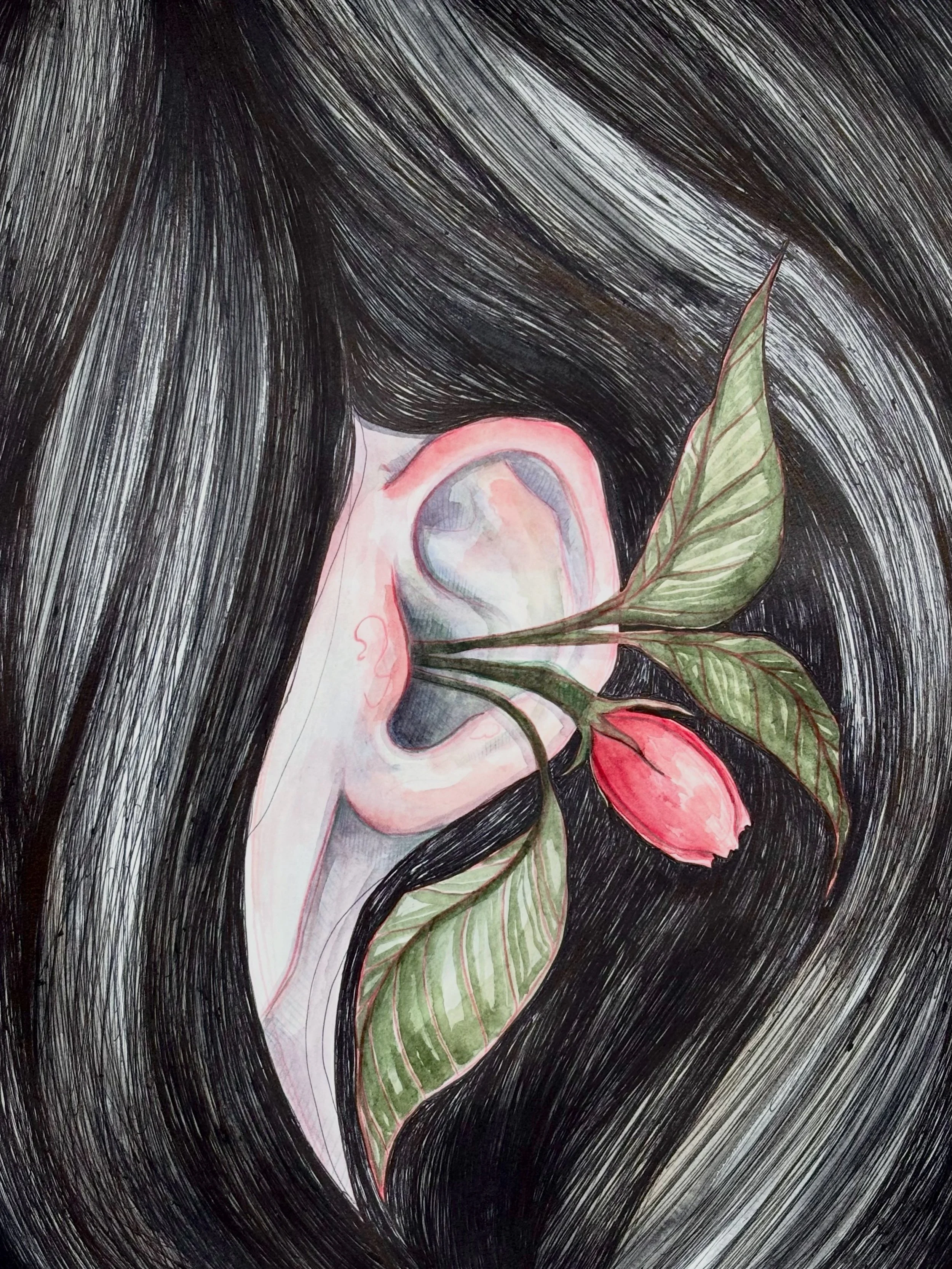 Can you hear me? 2026
Watercolor, colored pencil, ballpoint pen on arches hot press watercolor paper
12x9 inches