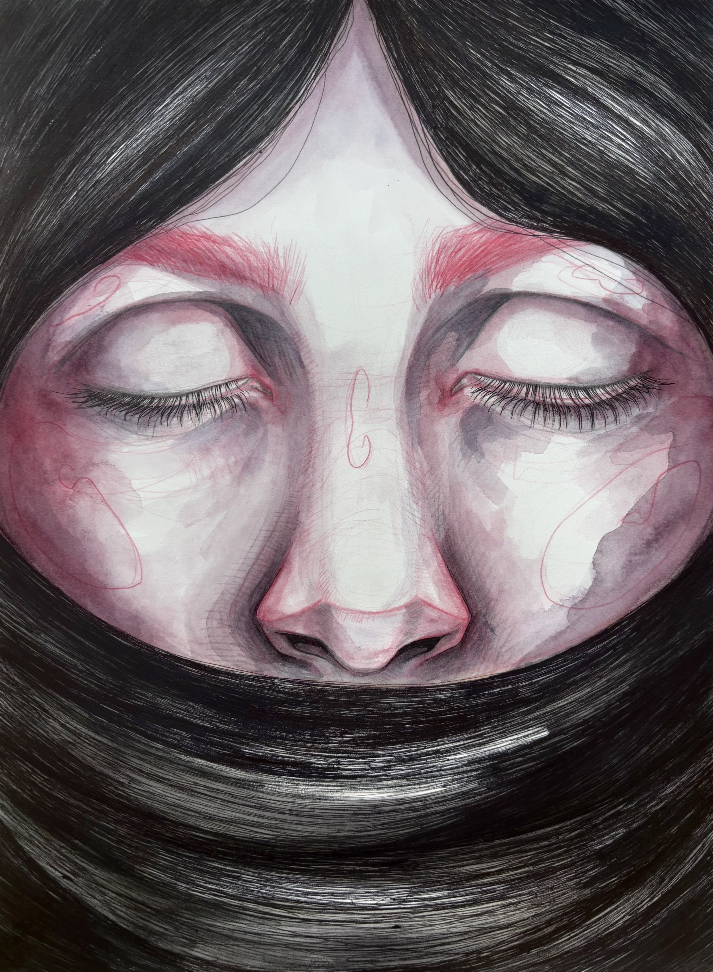 Hush, 2026
Watercolor, colored pencil, ballpoint pen on arches hot press watercolor paper
12x9 inches