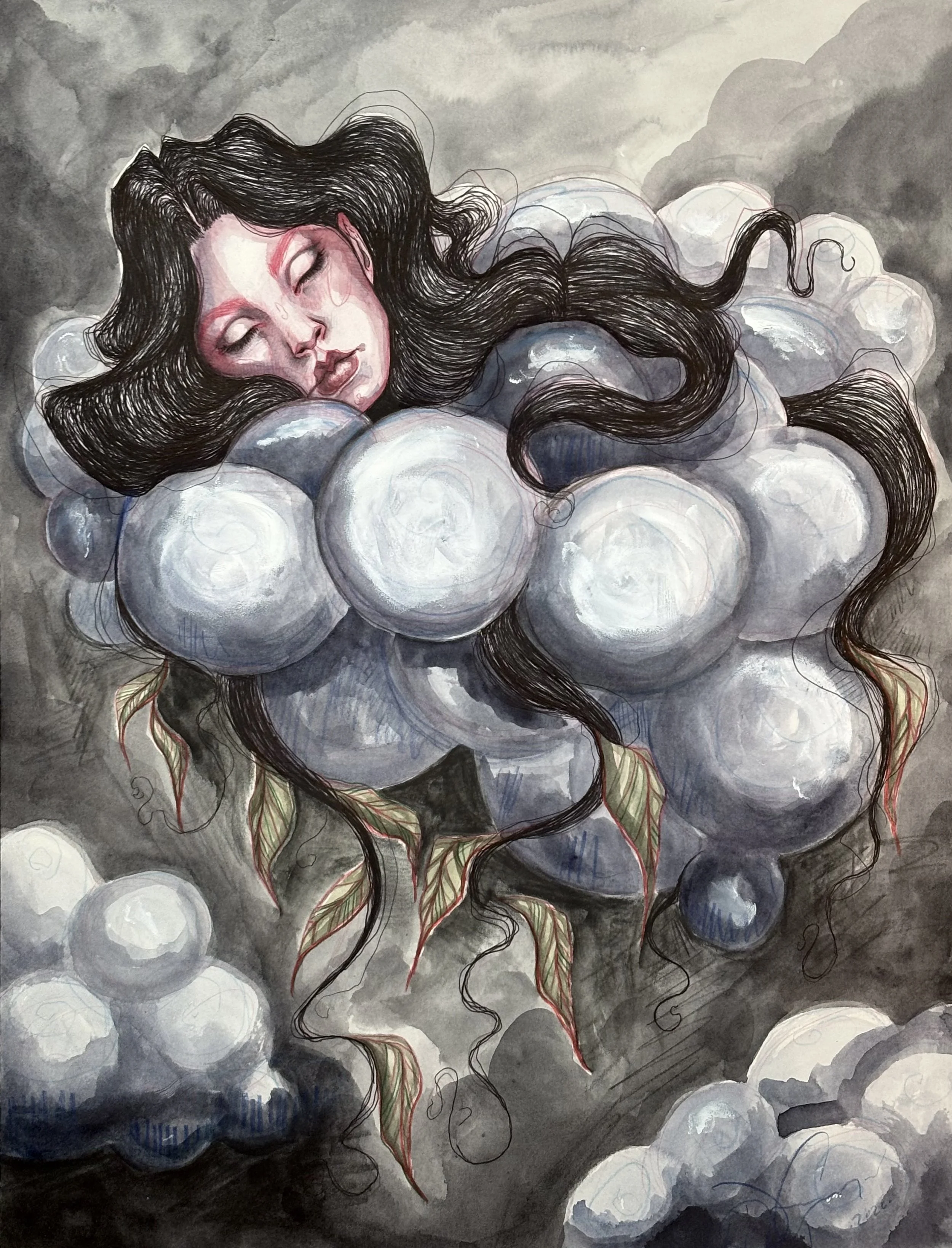 Head in the Clouds, 2026
Watercolor, colored pencil, ballpoint pen on arches hot press watercolor paper
16x12 inches