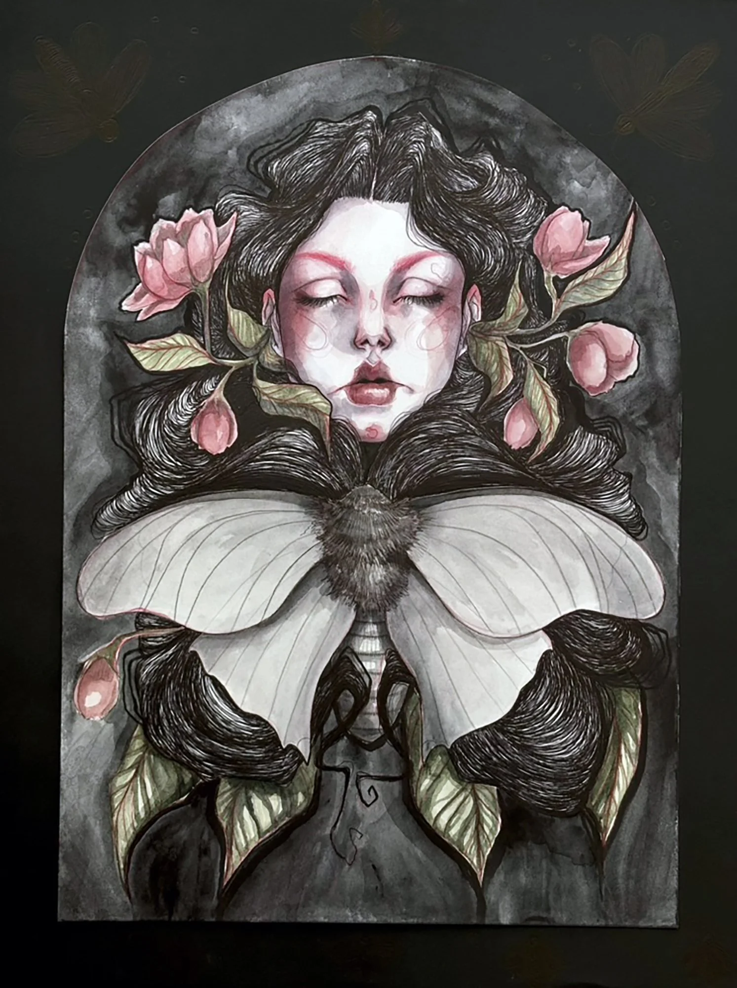 Moths and Whispers, 2026
Watercolor, colored pencil, ballpoint pen on arches hot press watercolor paper
16x12 inches