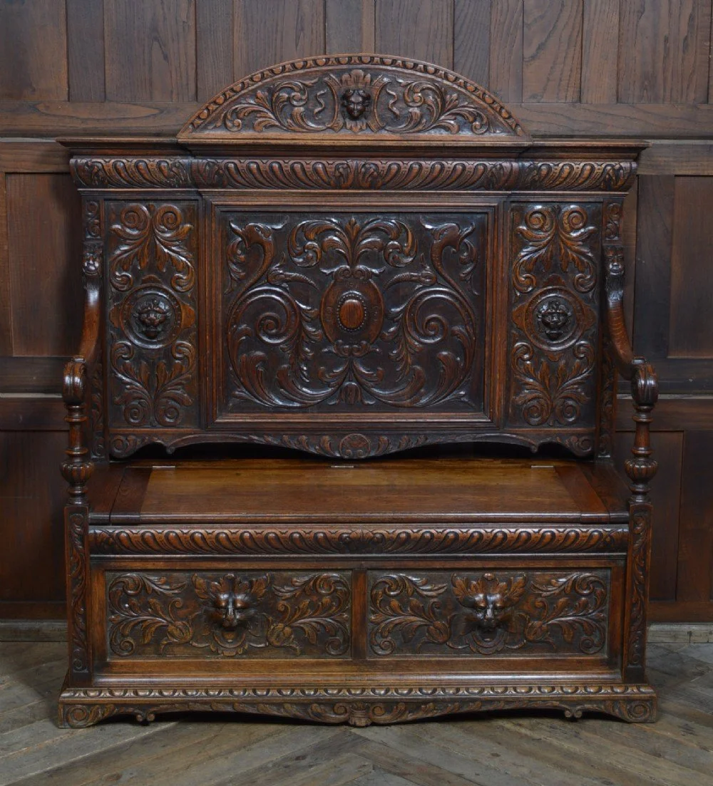 Victorian Green Man Oak Monk Bench SAI3544 — Sinclairs Antiques