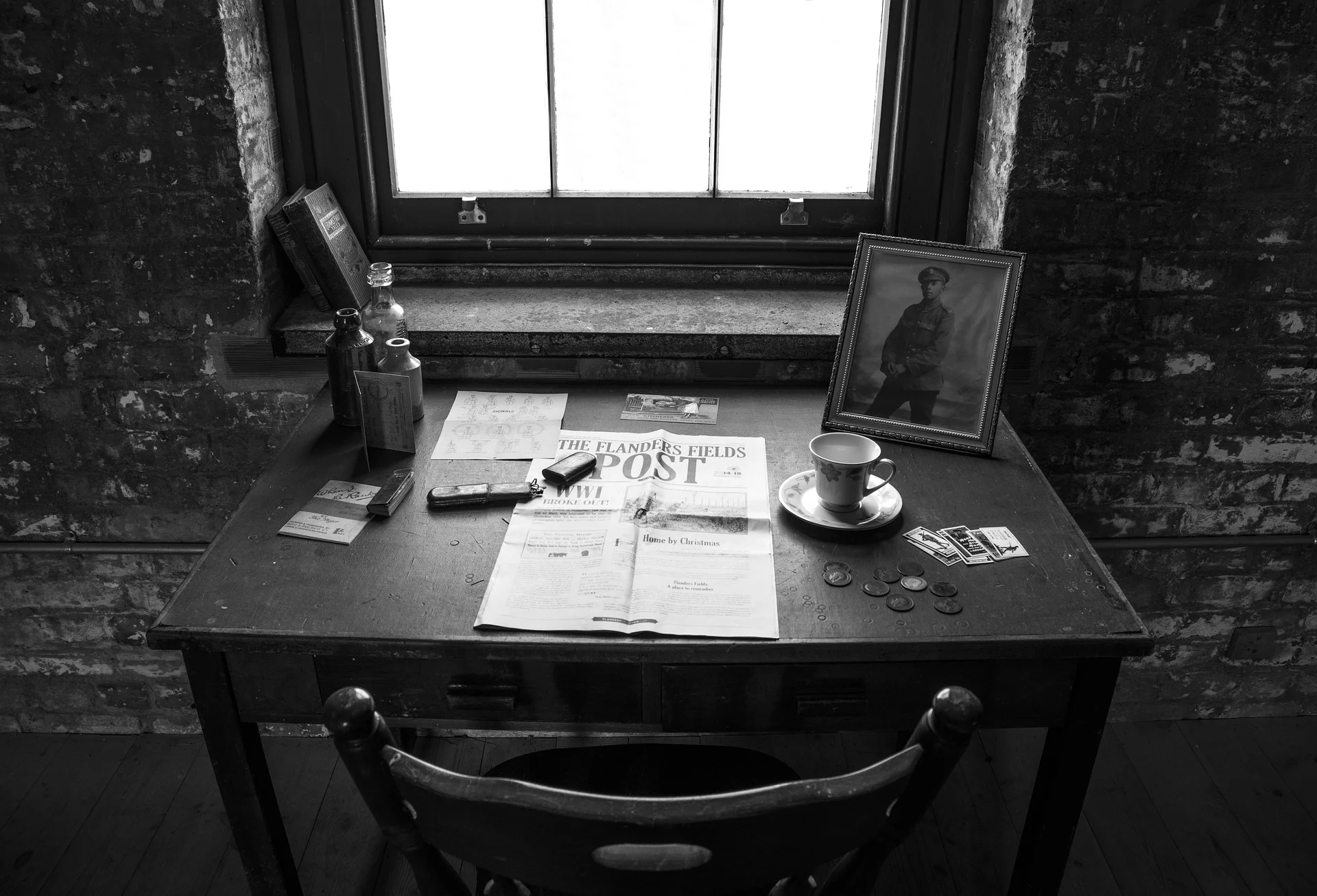 Desk with World War 1 artifacts. Remembrance and lest we forget.