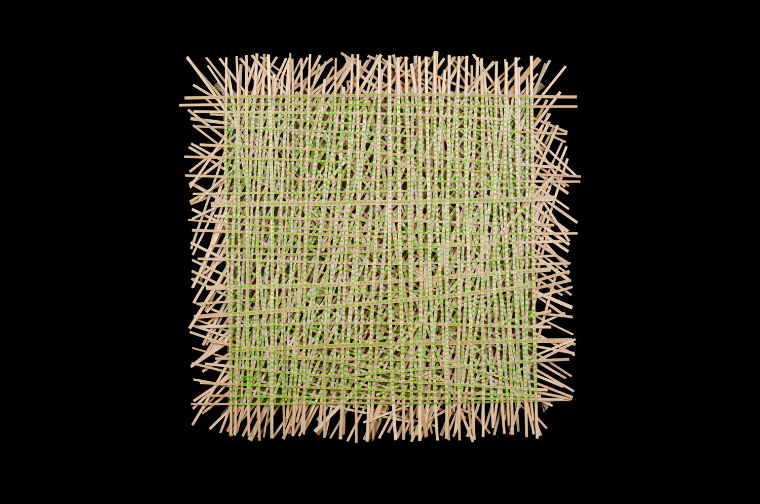 Spring Returns / 22"x22"x1" / woven, knotted / acrylic, bamboo, paint, linen / 2018