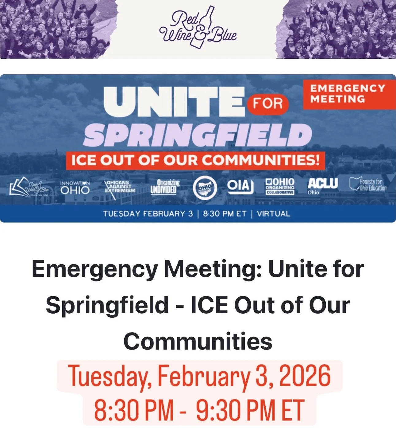 Join OOC and several other organizations for an emergency meeting on Tuesday to Unite with Springfield. Sign up using this link: https://go.redwine.blue/b5m or the link in our bio.