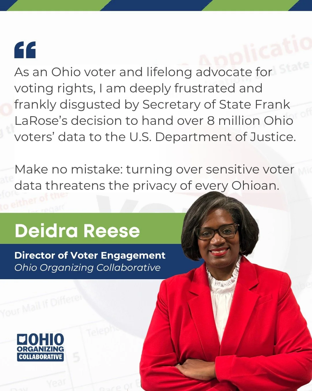 🚨 OHIO VOTERS DESERVE BETTER 🚨

"Our elections are not under siege by phantom threats; they are under attack by policies and decisions that erode trust and discourage participation."
- Deidra Reese, Ohio Organizing Collaborative

Secretar