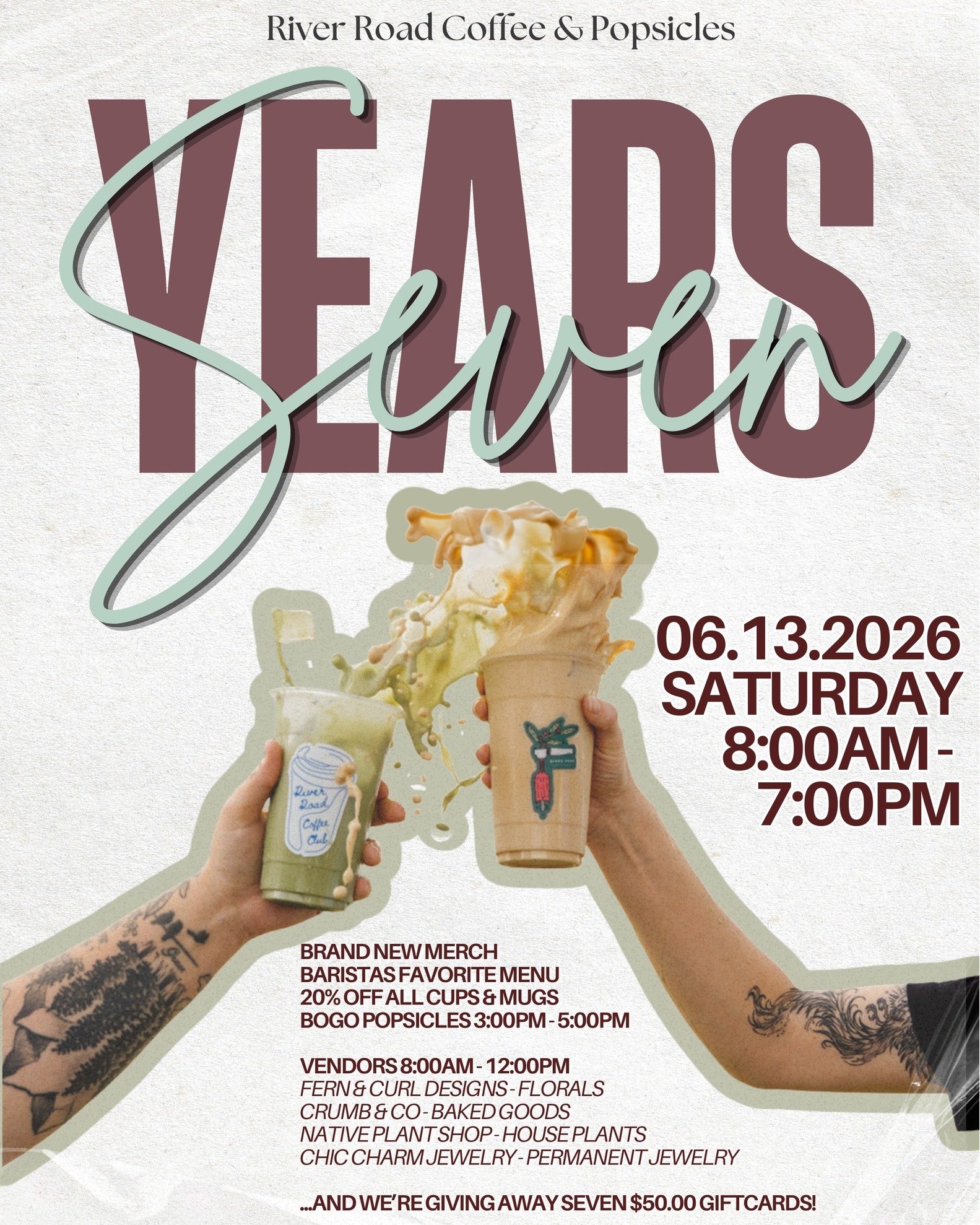 We've got your Saturday plans ready to go cause we're celebrating SEVEN YEARS! We hope you'll join us in celebrating our birthday this Saturday starting at 8:00am. 

🛍 From 8:00am - 12:00pm we will have four local vendors in our shop helping us cele
