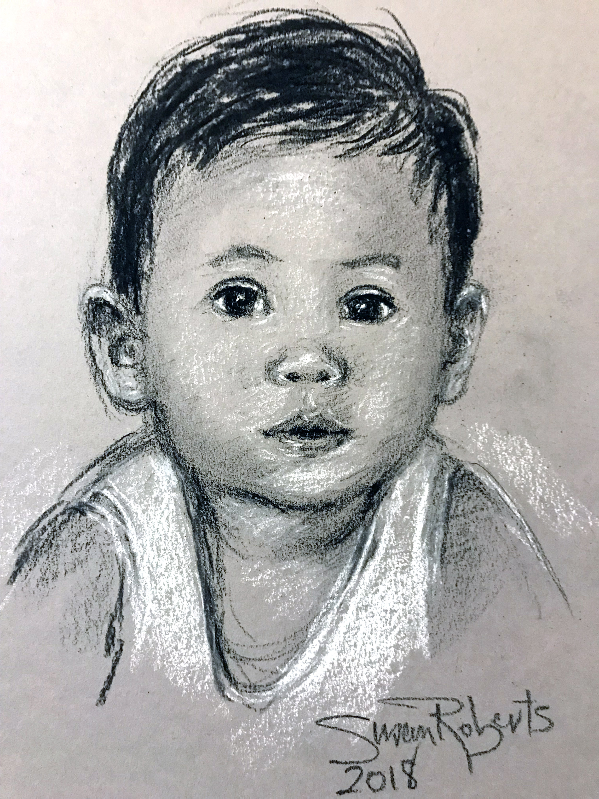 Conte crayon portrait with white accent on grey paper