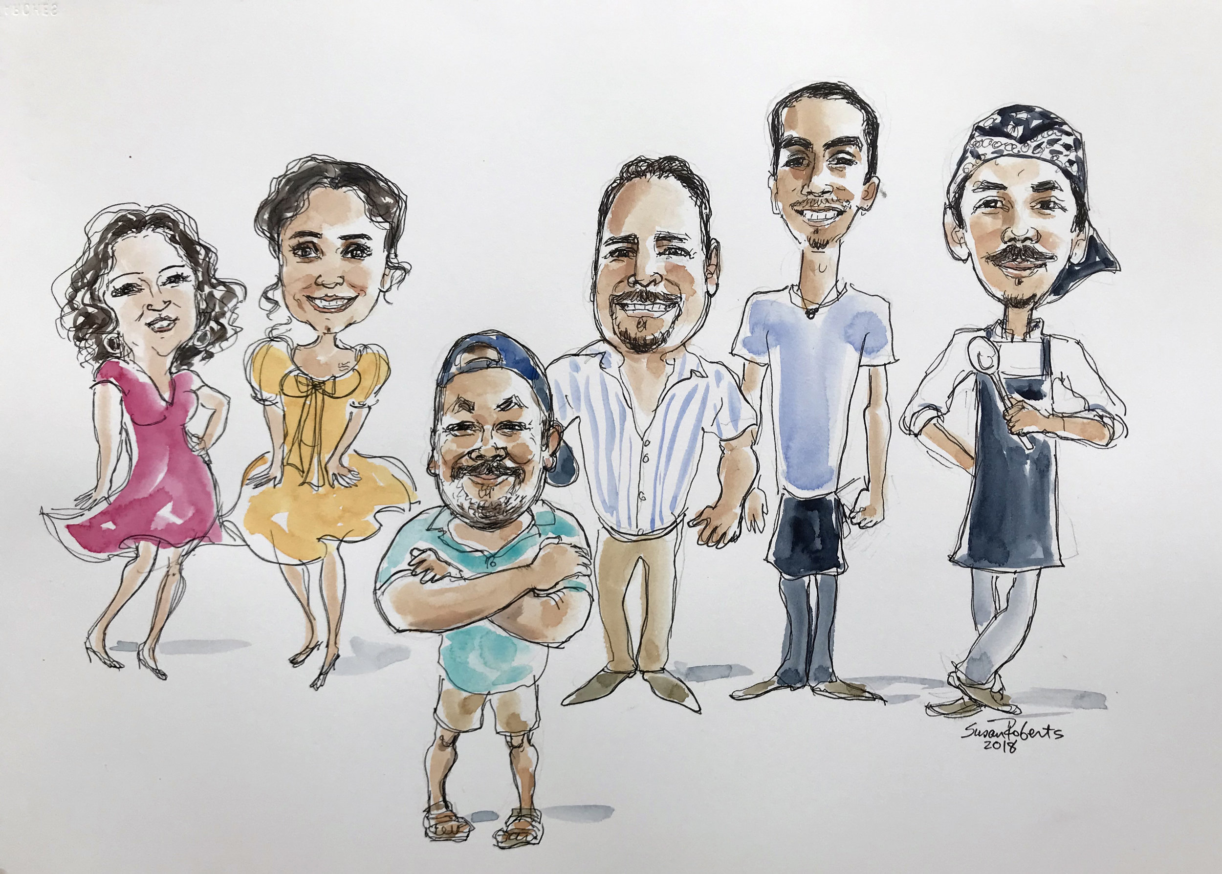 Group caricature with watercolor wash