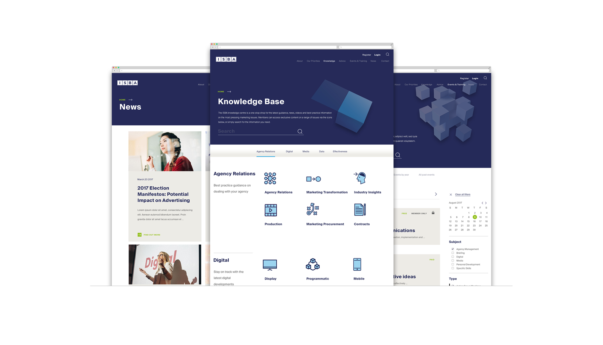 News, Knowledge Base and Events page designs for Desktop.