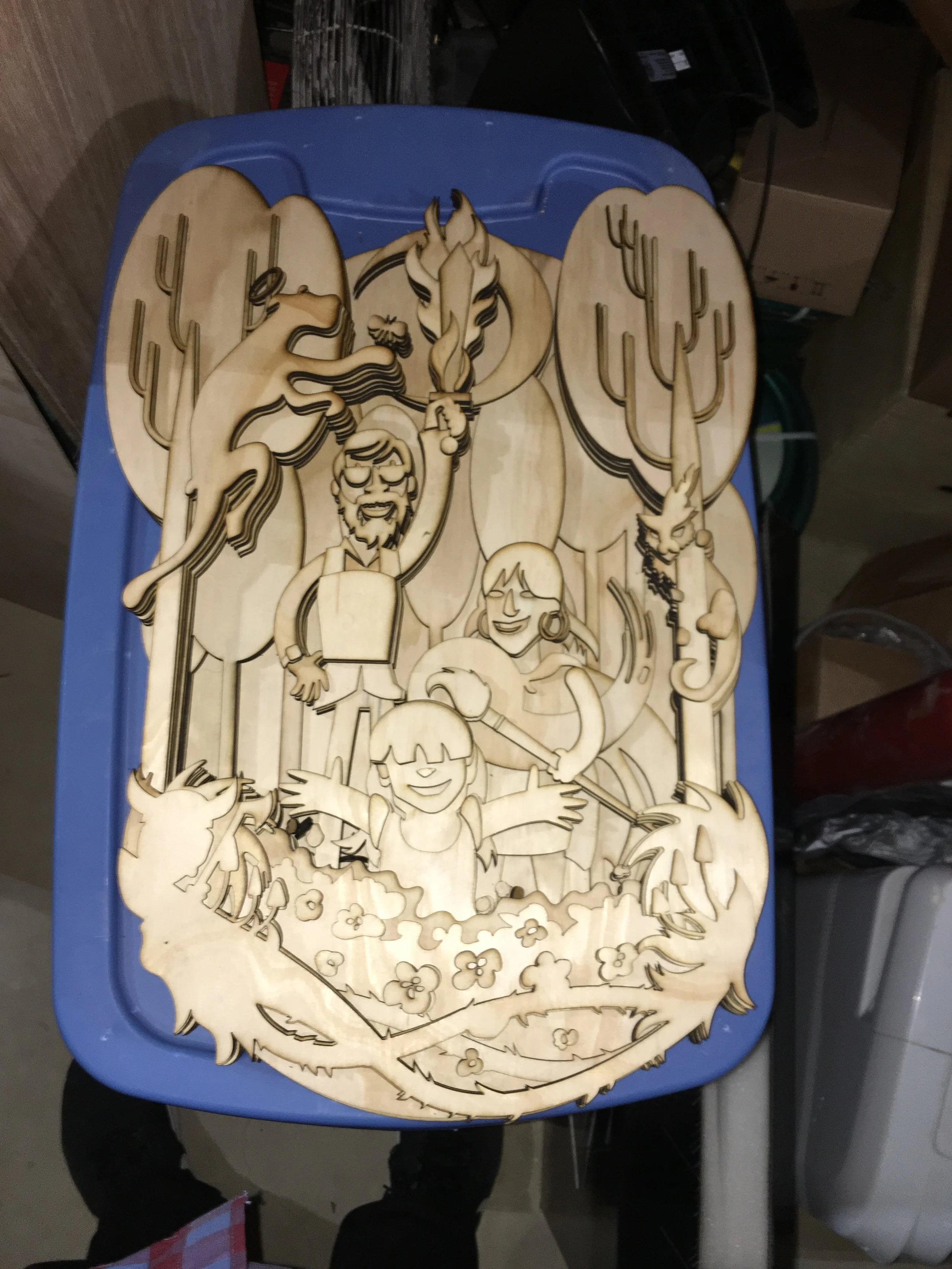 After cutting, I organized the piece by layer and spent a few days staining and and assembling in my home office.