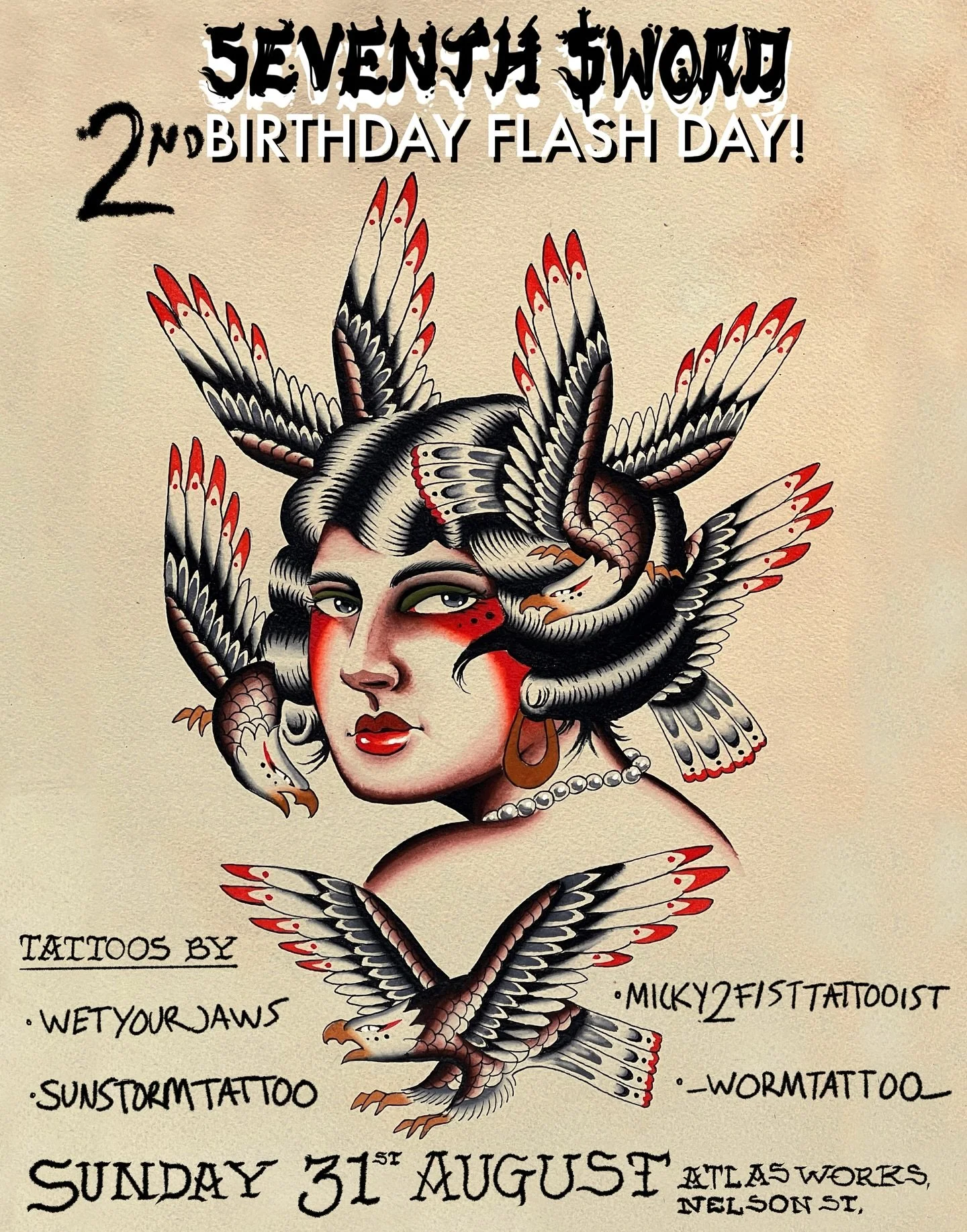@seventhswordtattoo Birthday Flash day 2: Electric Tattoogaloo 🔥Sunday August 31st!!
After the great turn out last year, I&rsquo;m stoked to open the studio up again for a flash day!!
This year tattooing will be;
@wetyourjaws 
@_wormtattoo_ 
@micky2