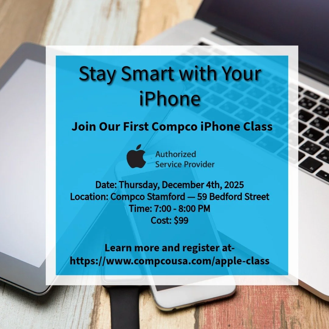 ✨Apple iPhone Classes✨ 

🎟️ Sign up now! Seats are limited!

https://www.compcousa.com/apple-class

or click the link in our bio!

#StamfordCT #iPhoneTraining #iPhoneTips #AppleClass #TechClass #BeginnerFriendly #CTLocal #StamfordSmallBusiness