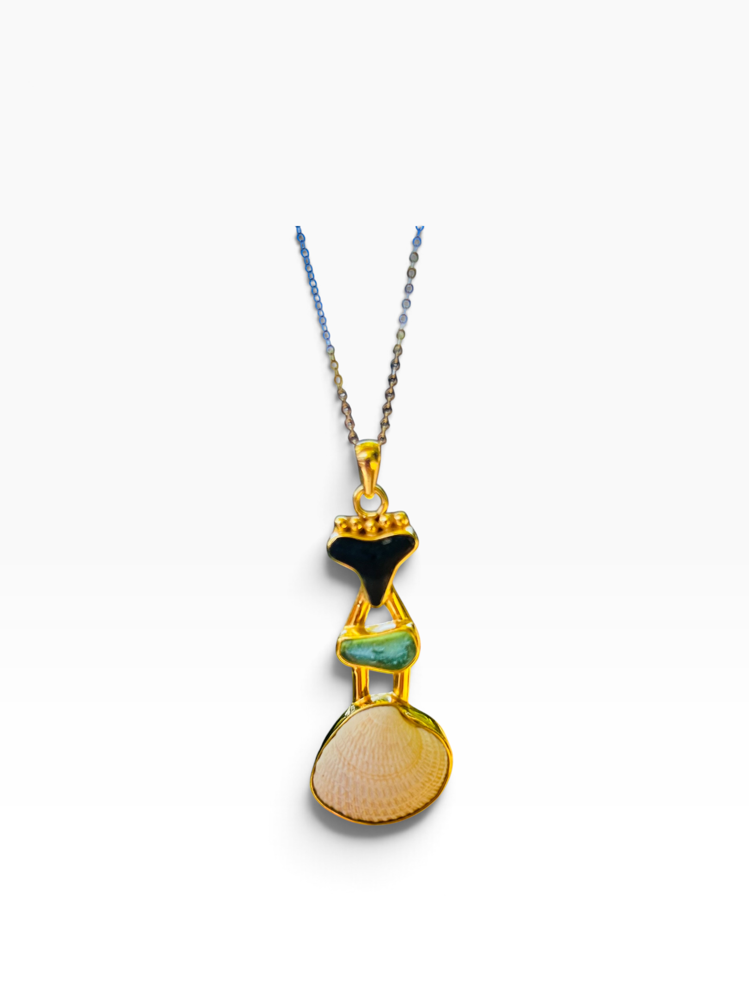 NC Shark Tooth, Shell & Caribbean Sea Glass Pendant