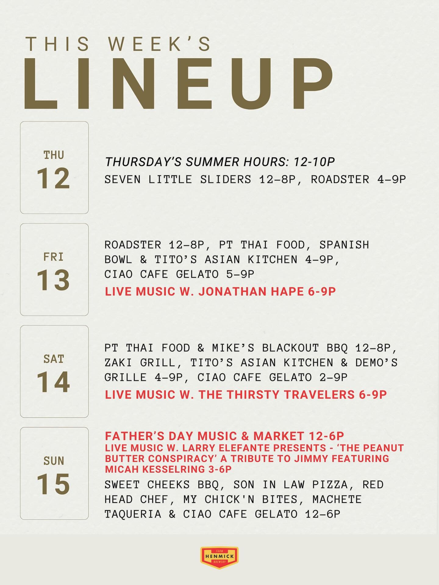 We&rsquo;re looking forward to extending the weekend with summer hours on Thursdays and celebrating Father&rsquo;s Day w. a market, music &amp; a Michelada (Sunday&rsquo;s featured drink)!