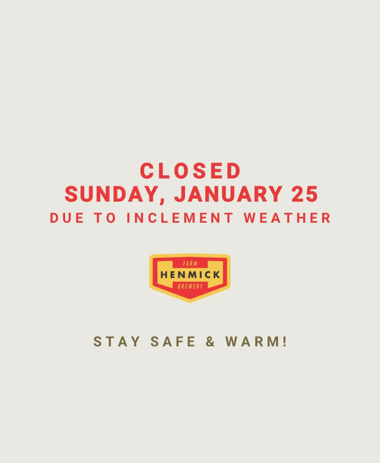Due to expected weather conditions, we&rsquo;ll be closed tomorrow for everyone&rsquo;s safety. Thank you for your understanding, stay safe &amp; warm out there!