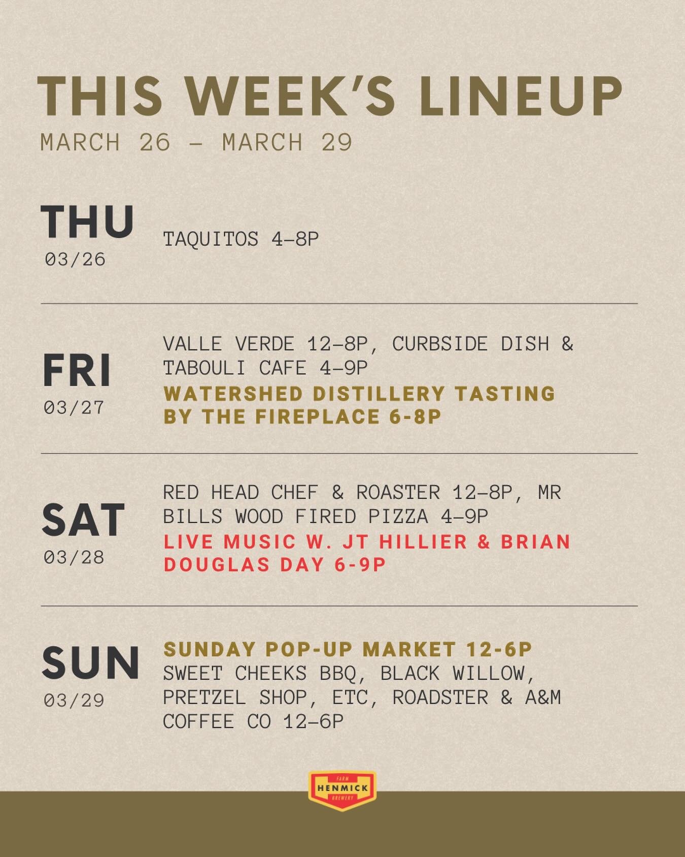 Another great local distillery joining us Friday by the fireplace, live music Saturday &amp; a local vendor lineup you won&rsquo;t want to miss on Sunday! 

-All events are open to the public. Find details in previous posts, stories &amp; henmick.com