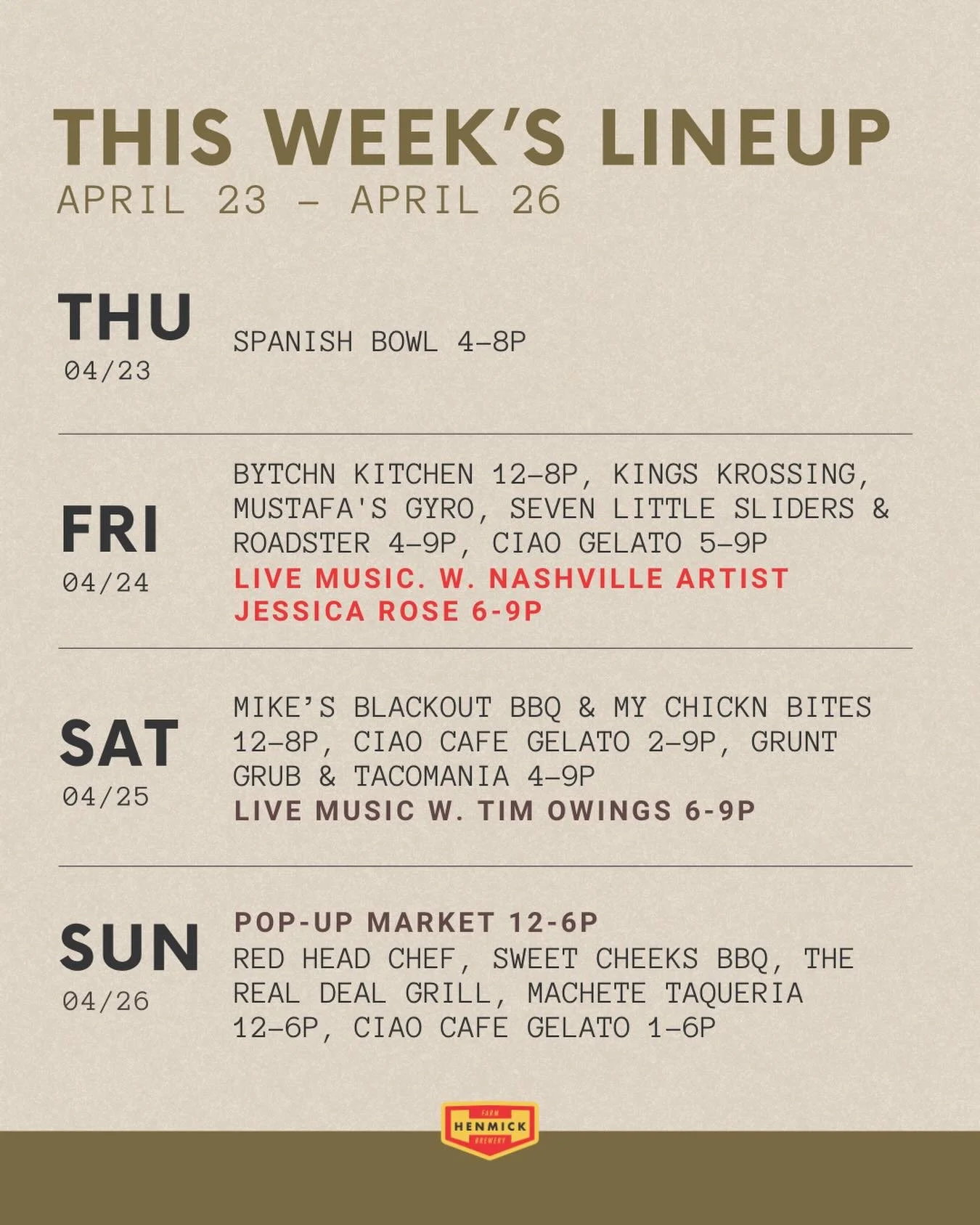 Live music on Fridays is back for the warmer months, kicking things off with Nashville artist Jessica Rose!