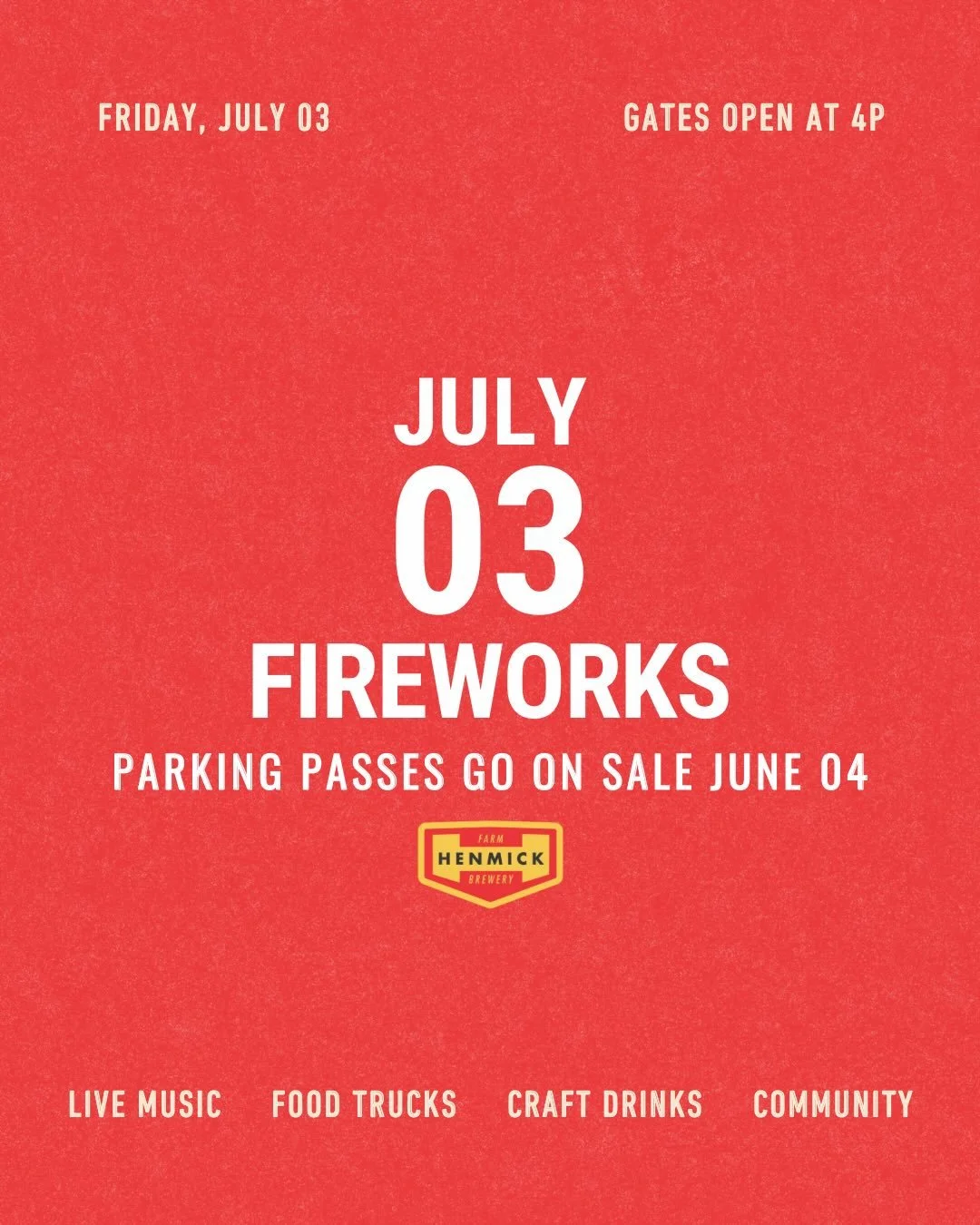 July 03 event details:
-The parking pass ticket link for the firework show will be shared this Thursday (06/04) -The link will be posted to our social media accounts and henmick.com
🎟️ TICKET DETAILS: Parking Passes Required &ndash; $20 Per Vehicle

