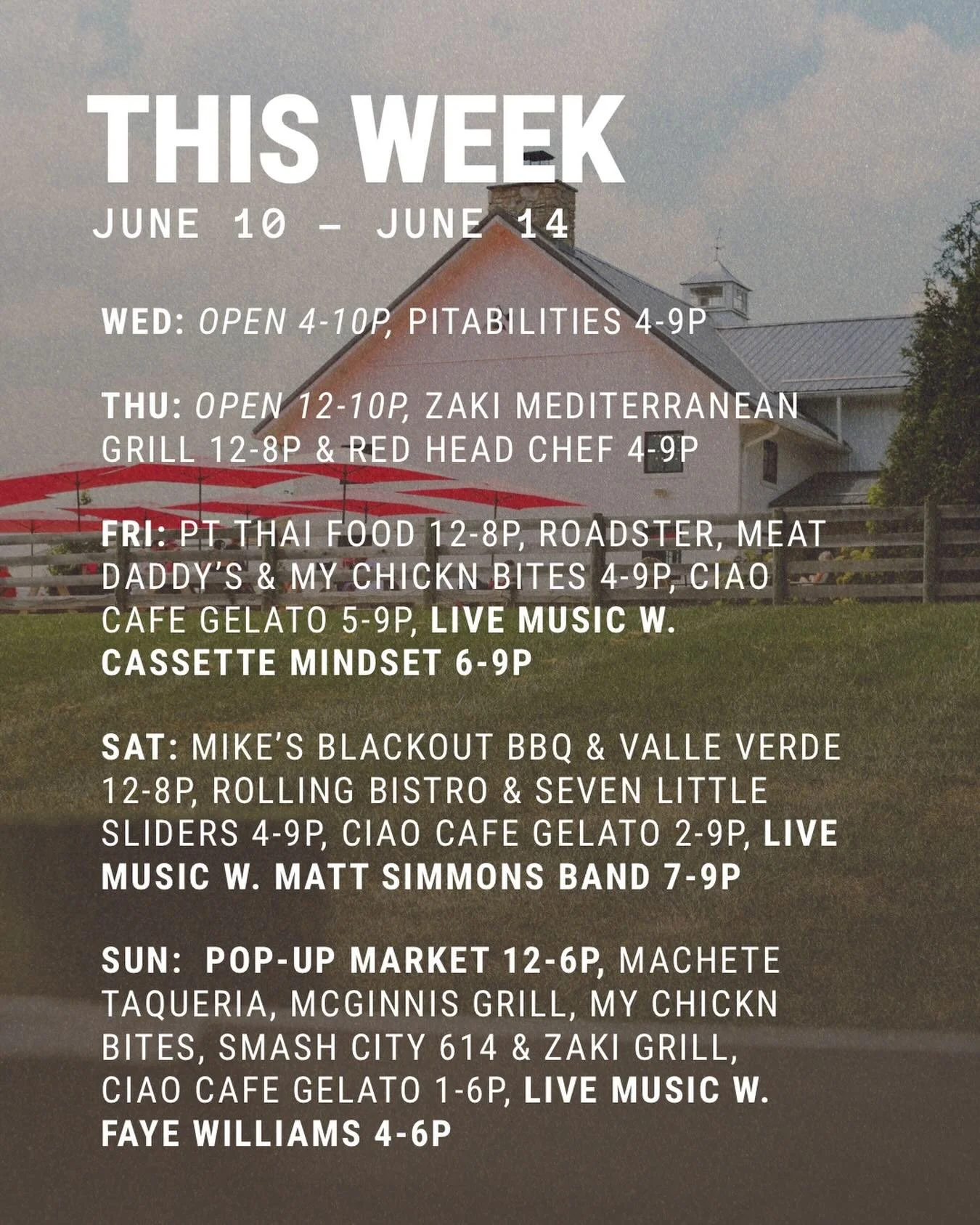 Live music 3 days this week &amp; a Sunday Market!
Summer Hours:
Closed Mon &amp; Tue, Wed 4-10p, Thu, Fri &amp; Sat 12-10p, Sun 12-7p