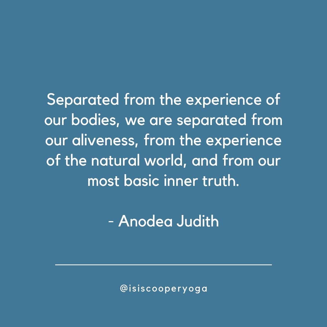 Separated from the experience of our bodies, we are separated from our aliveness, from the experience of the natural world, and from our most basic inner truth.

- Anodea Judith

Your body, the gateway to your inner truth. How can you connect to your