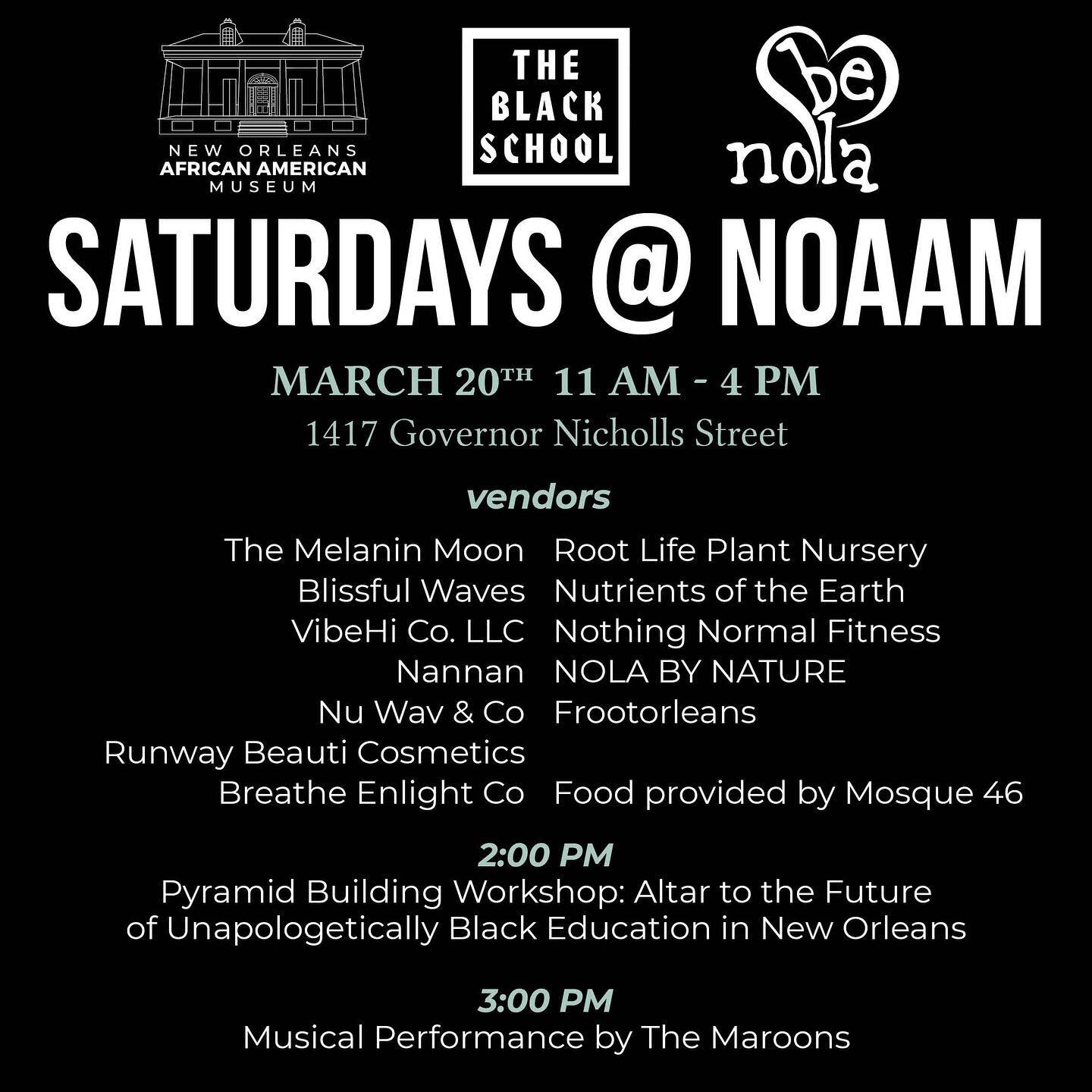 Excited for this Saturday! 

Saturdays @ NOAAM is this is a FREE DAY so, we encourage visitors to sign-up for our Memberships!! More info in our bio!

#noaam #treme #saturdays #supportsmallbusiness #supportlocal #supportblackownedbusinesses