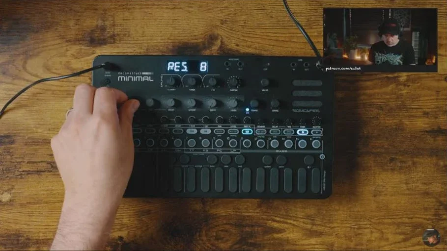 Overhead view of EZBOT adjusting the bass filter controls on the Sonicware deconstruct MINIMAL during the livestream.