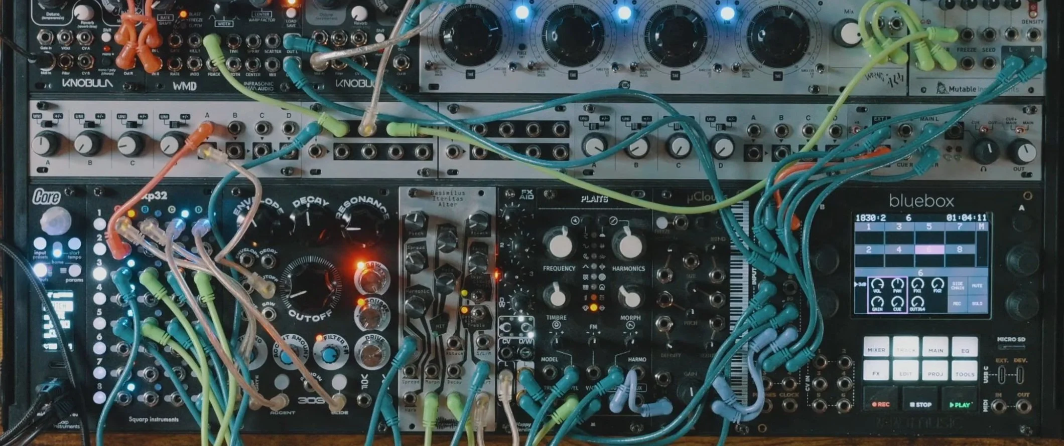 Basimilus Iteritas Alter beside Squarp CORE and XP32 in the patched Eurorack system.