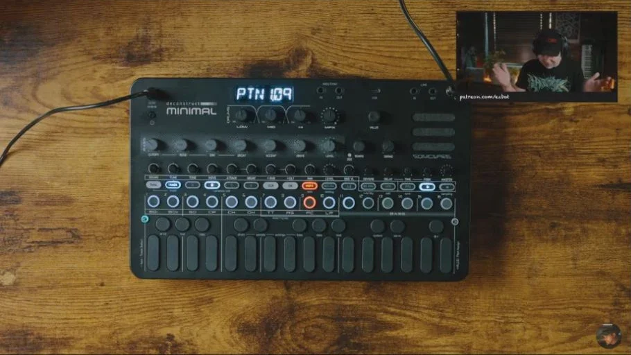 The deconstruct MINIMAL step sequencer during EZBOT’s single-chord pattern exercise, with the hardware and active pattern visible.
